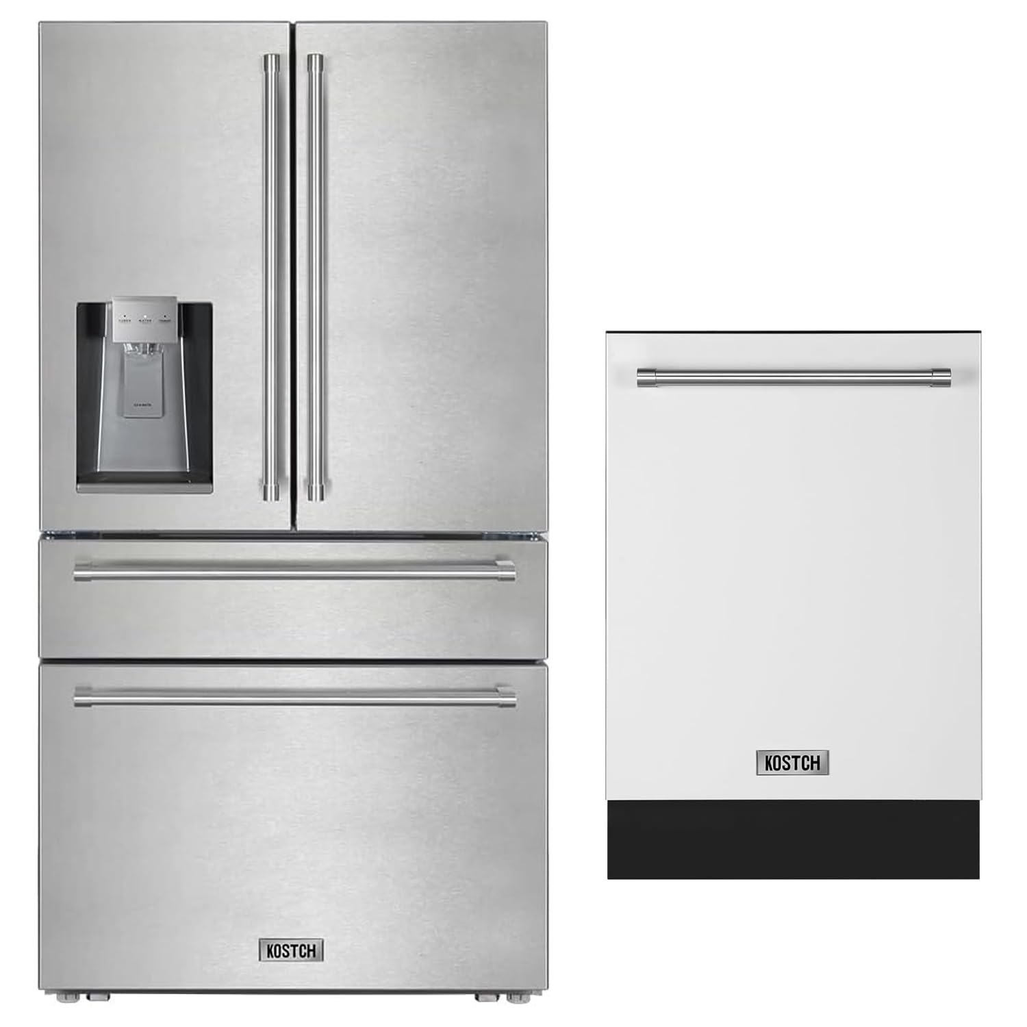2 Set - 36 inch 21.6 cu. ft. French Door Refrigerator/Fridge with Ice and Water Dispenser, & Large Capacity 24 inch Top Control Built-In Dishwasher, 47-dBA Ultra-Quiet (White-SS)