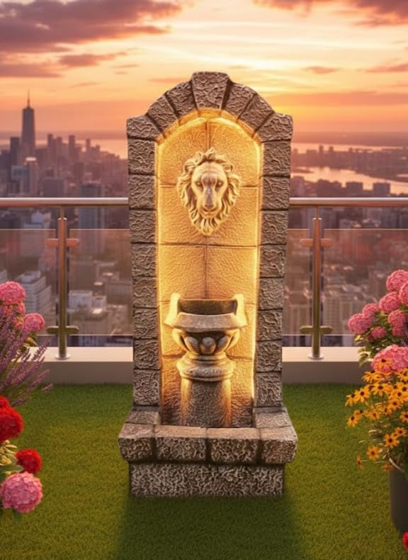 Image of 3.5ft Mini Lion Water Fountain for Home Decor | Indoor Tabletop Office | Lawn Balcony | Gift Gifting with LED Lights Water Pump | Lion Water Fountain(Brown)