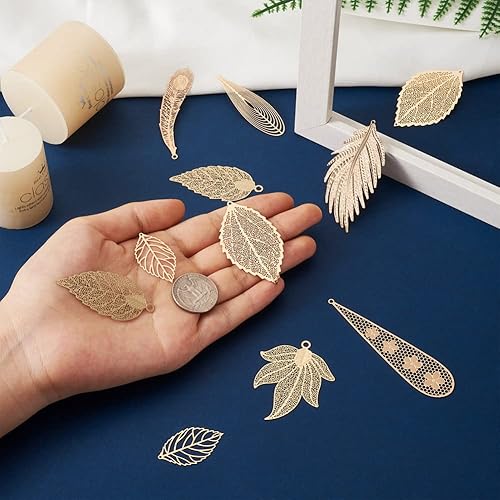 Miniatura 6 de Beadthoven - 10 colgantes de latón dorado claro de filigrana de búho, adornos de metal grabados, dijes de conector hueco de pájaro para aretes,