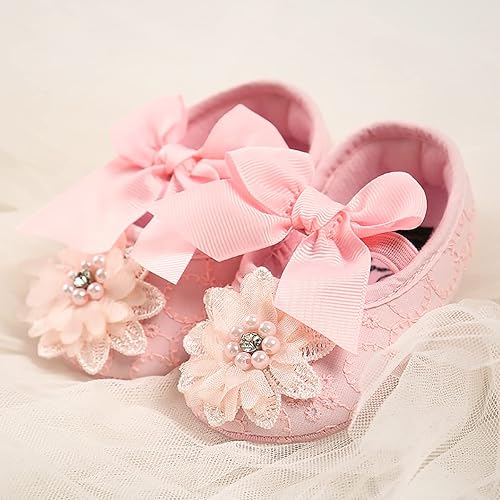 Miniatura 2 de QWZban Baby Girls Mary Jane Flats with Bowknot Flowers Soft Newborn Infant First Walkers Crib Shoes Wedding Party Christmas Dress Shoes