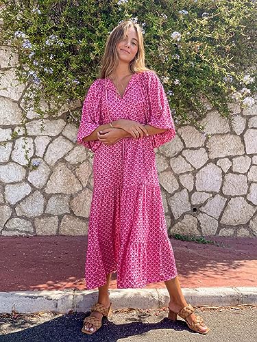 Image of miduo Womens Loose Fit Casual Summer V Neck Half Sleeve Bohemian Geometric Pattern Maxi Long Dresses