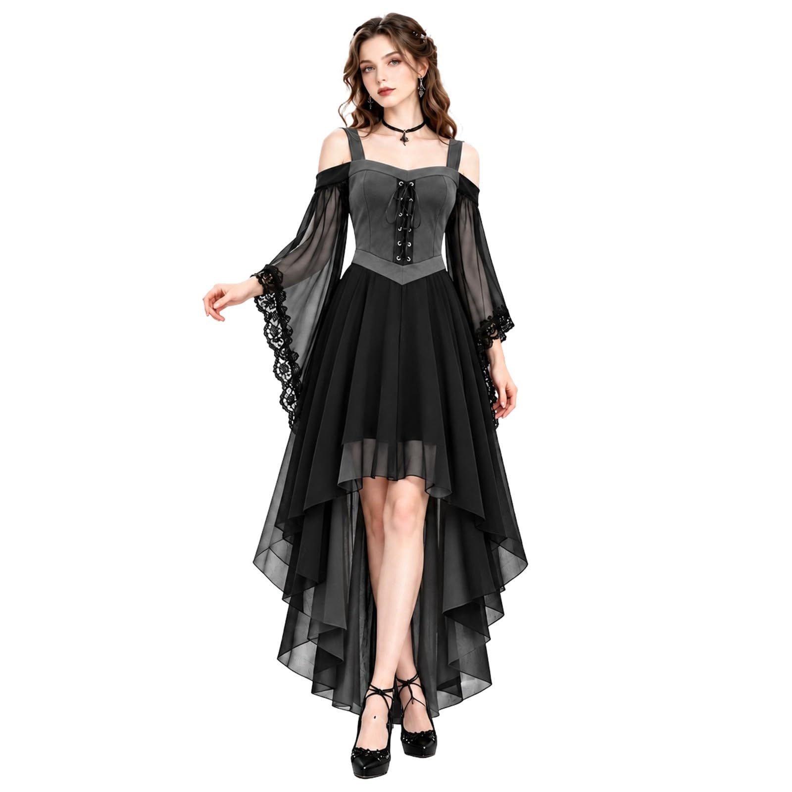 Halloween Costumes for Women Women's Butterfly Sleeve Sexy Lace Gothic Dresses Chiffon Off Shoulder Halloween Sleeve Witch Gothic Vintage Victorian Maxi Dresses Party Cosplay Outfits