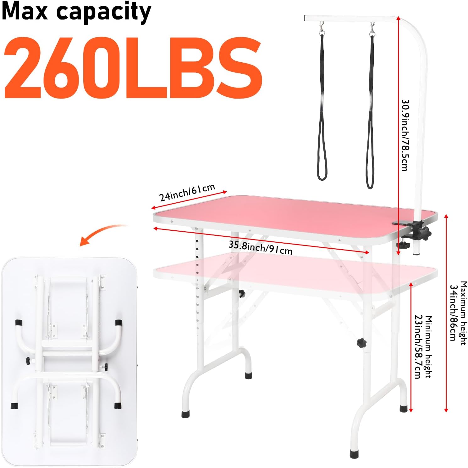 LEIBOU 36-inch Height Adjustable(23''~33.8'') and Foldable Pet Dog Grooming Table with Grooming Arm & 2 Noose for Dog Cat Pet Grooming Maximum Capacity Up to 260lbs image 2