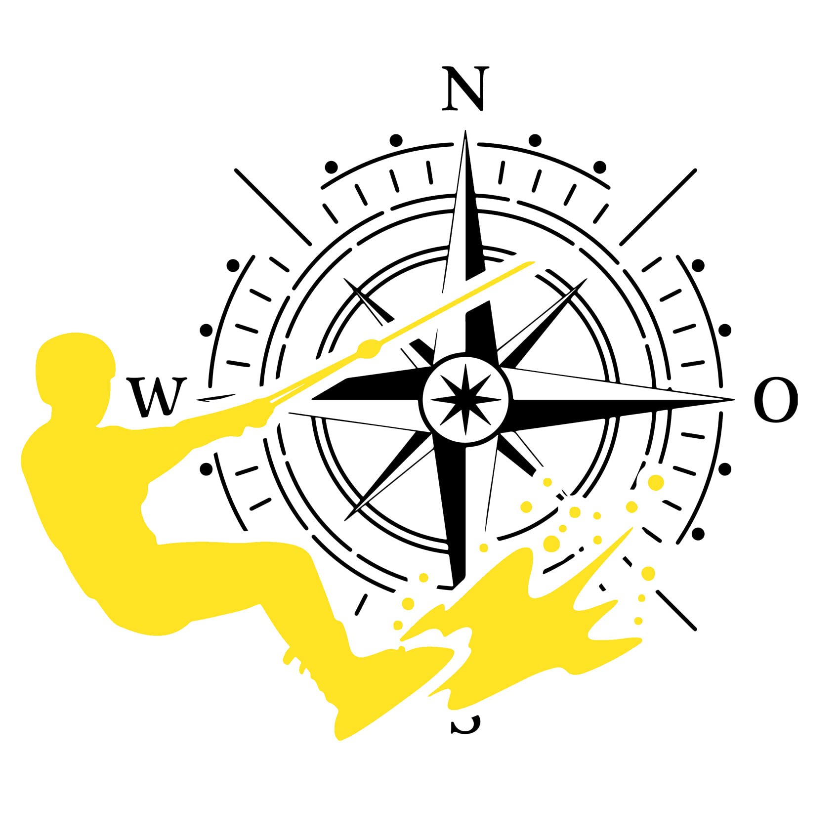 Autoaufkleber Kompass Sport Wakeboard 60x69cm Windrose Sticker Folie für Auto Wohnwagen Anhänger Aufkleber Selbstklebend Kfz Zubehör KX072 KX073 (Kompass schwarz, Wakeboard Gelb)