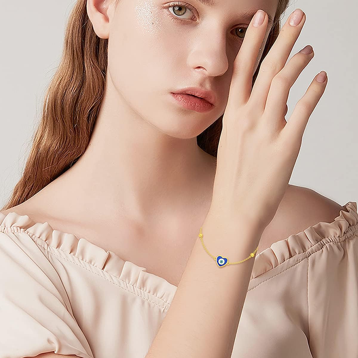 SISGEM 14K Real Gold Hearts Beaded Bracelets for Women,Yellow Gold Love Bracelet Three Hearts Jewerly Gifts for Birthday Christmas 6.5+2 inch