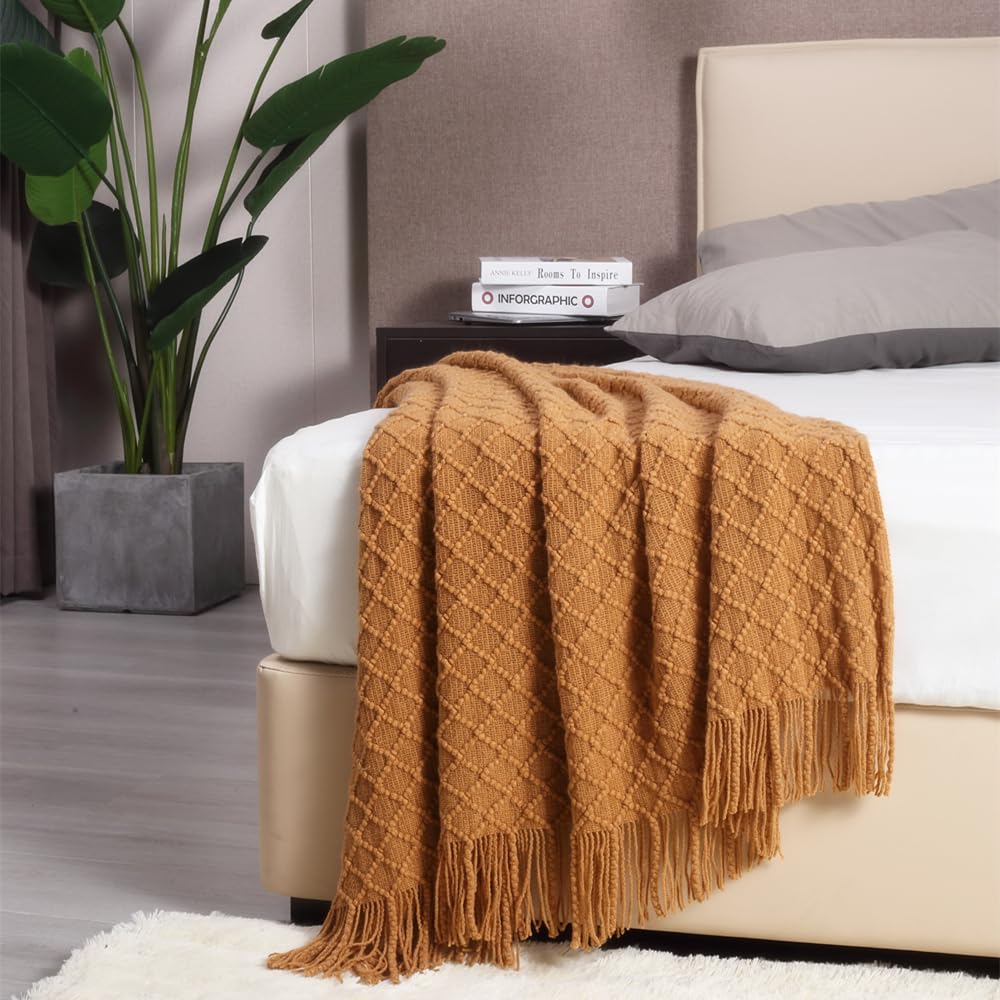 CREVENT Coperta decorativa lavorata a maglia per divano, sedia letto, morbida, calda, accogliente, leggera, per primavera estate (127 x 152 cm, marrone)