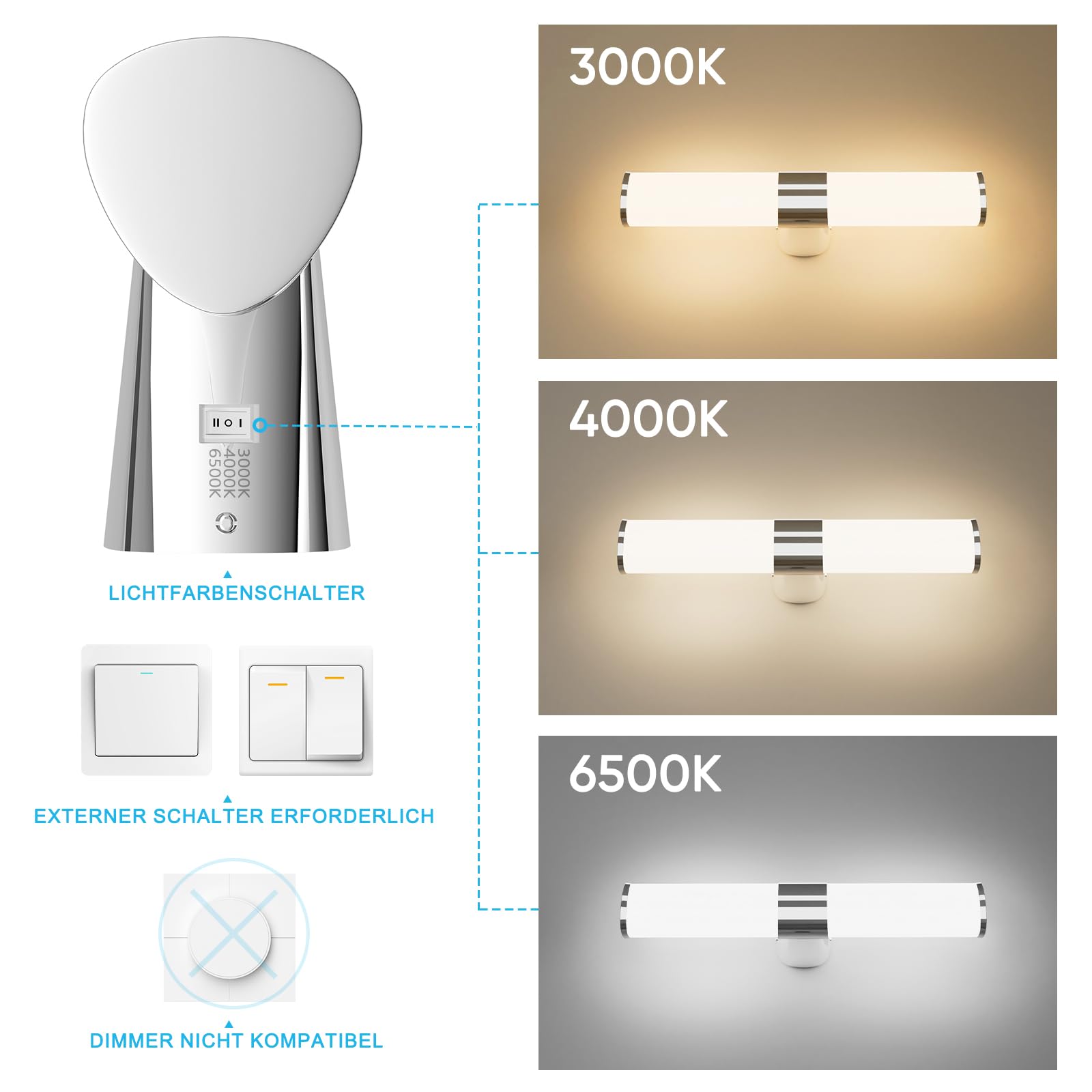 LED Spiegelleuchte Badezimmer, 8W 800Lm Wandlampe Innen über Spiegel Bad Spiegelschrank, 40CM Breit Spiegellampe, 230V, 3 Lichtfarben Modi, Nicht Dimmbar, Silber Chrom, Kein Schalter