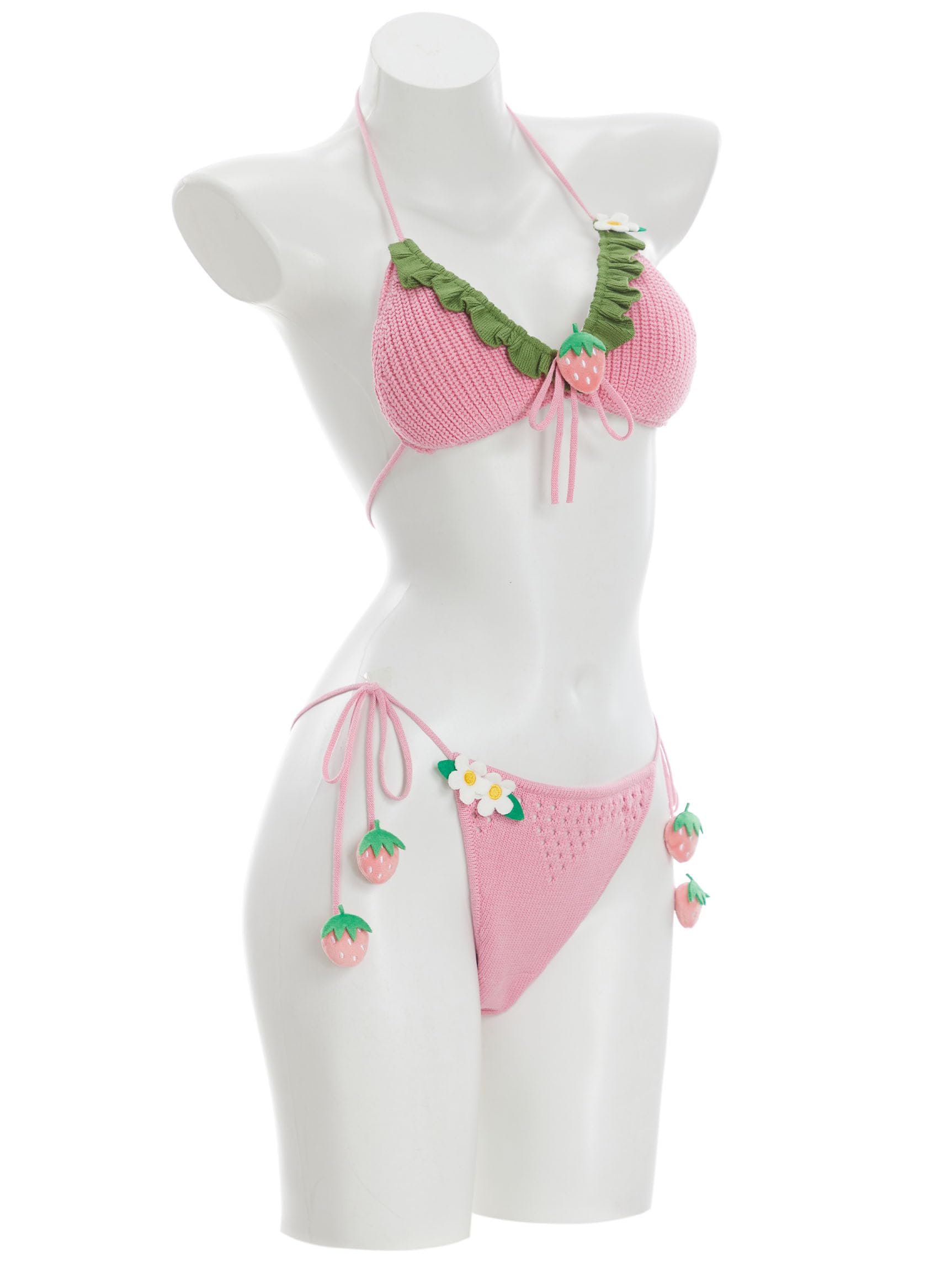 haikyuu Women Strawberry Bikini Crochet Swimsuit Tie Side Two Piece Bathing Suit Halter Triangle Cute Swimwear: Standard Large Pink