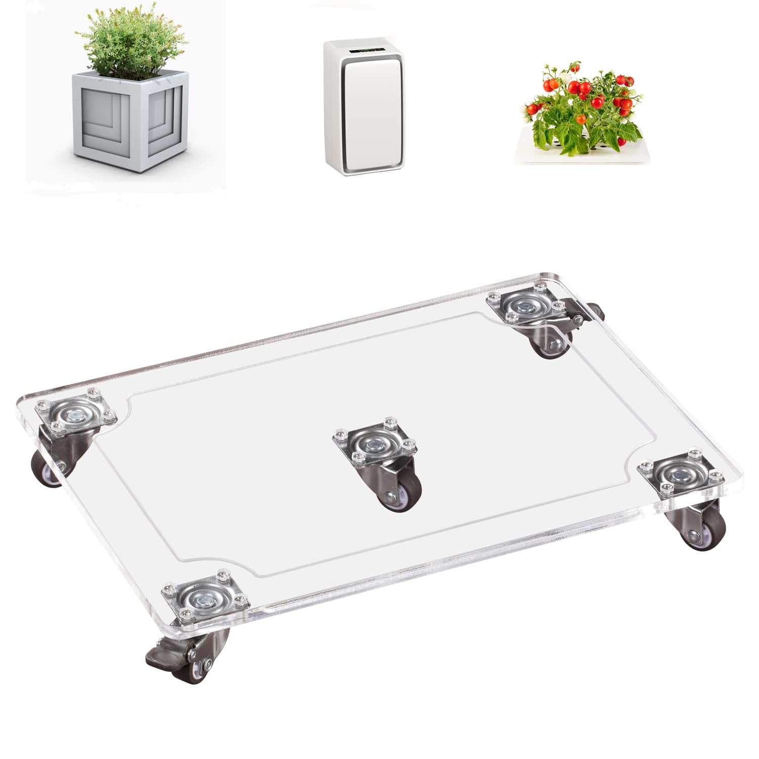 EMCOMS 1PC Transparent Clear Color Plant Caddy 10x14 inch Acrylic Heavy Duty Square Plant Stand with 2 Roller Lockable Caster Wheels,Indoor Outdoor