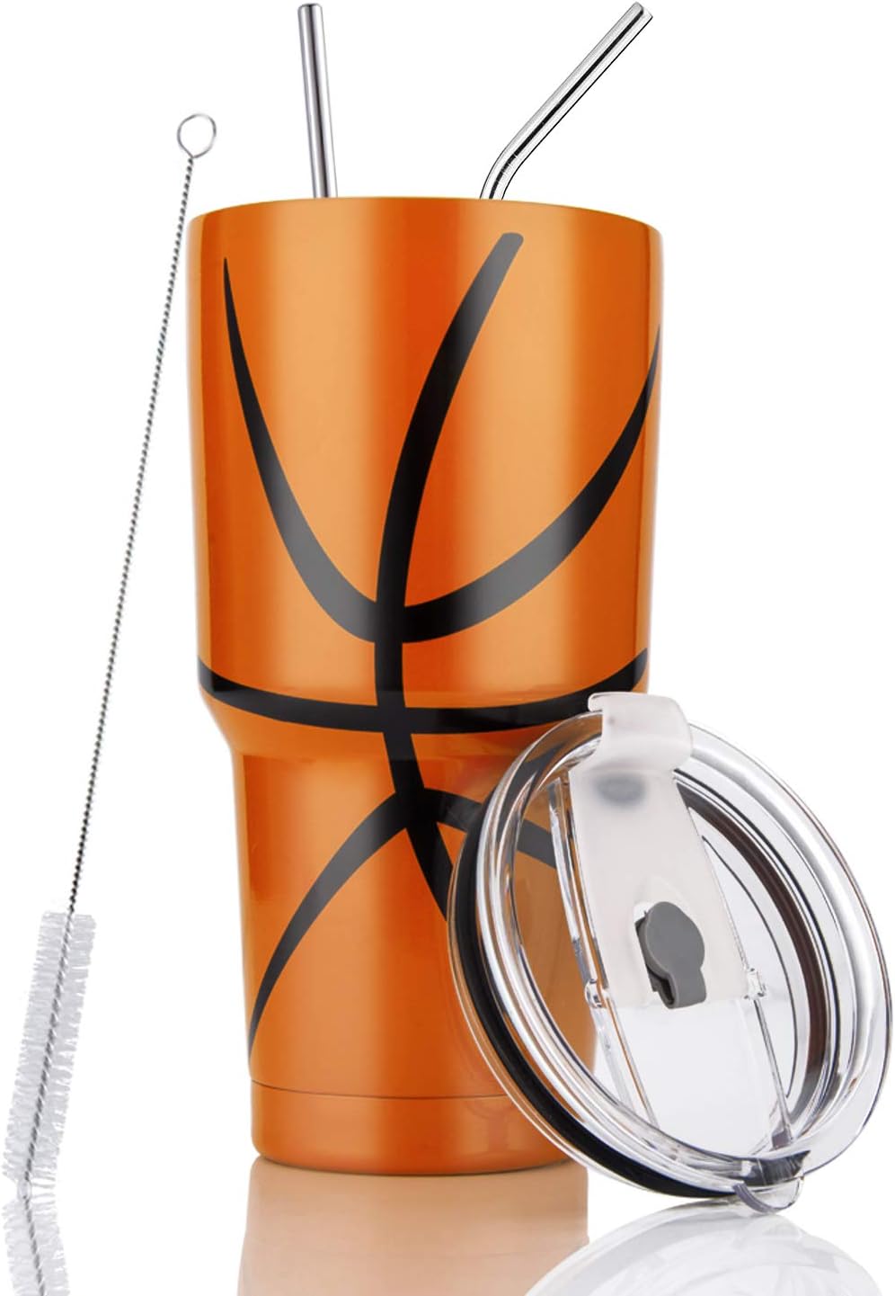 Joyclub 30oz Tumbler Stainless Steel Double Wall Vacuum Insulated Tumbler Cup Travel Mug with Lid, Straw and Cleaning Brush for Cold and Hot Drinks (Basketball)