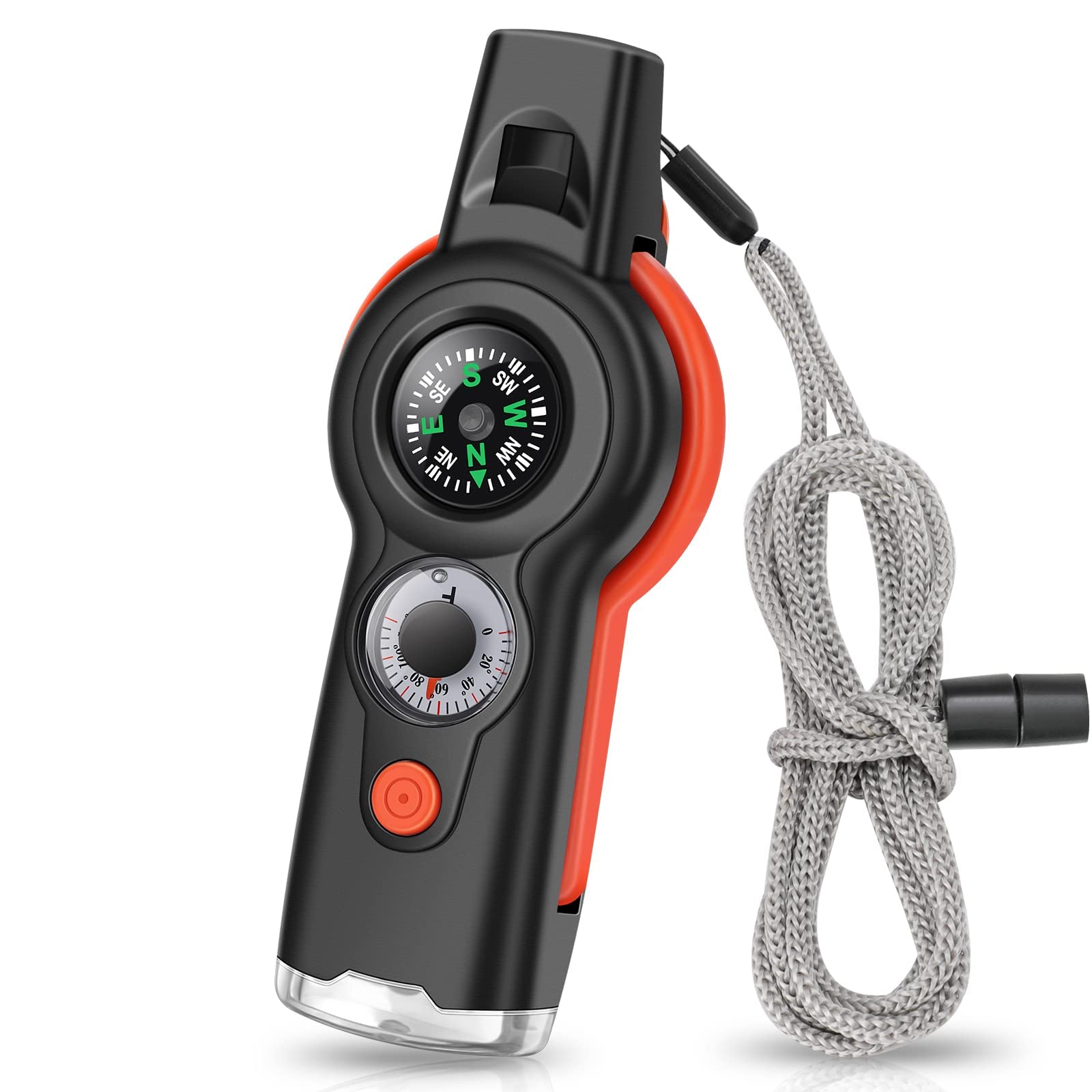 KASTWAVE Emergency Survival Whistle, 7-in-1 Outdoor Multifunctional Tool Safety Whistle with Lanyard, Ideal for Kayaking, Hiking, Camping, Climbing, Hunting, Fishing, Rescue Signaling