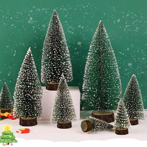 Glaxcidy Mini Árboles de Navidad Artificiales, 8 Piezas Mini Árbol de Mesa de Navidad con Luces LED, Mini Árbol de Pino Nevado de Diferentes Tamaños con Bases de Madera para Decoración Navideña