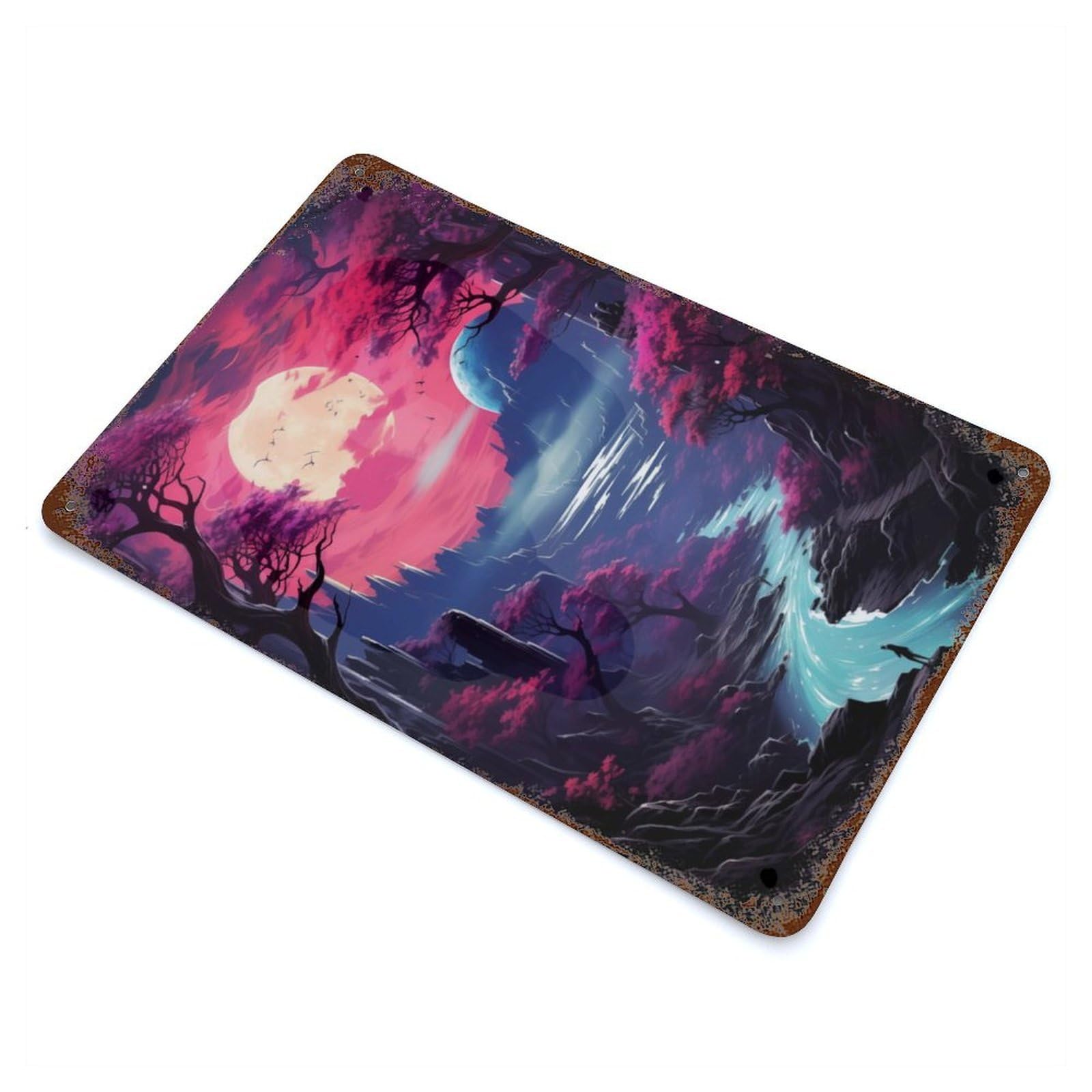 Fantasy River Landscape Rust Effect Tin Sign 11.8"x7.9", Novelty Wall Decor for Garage, Pub Or Kitchen