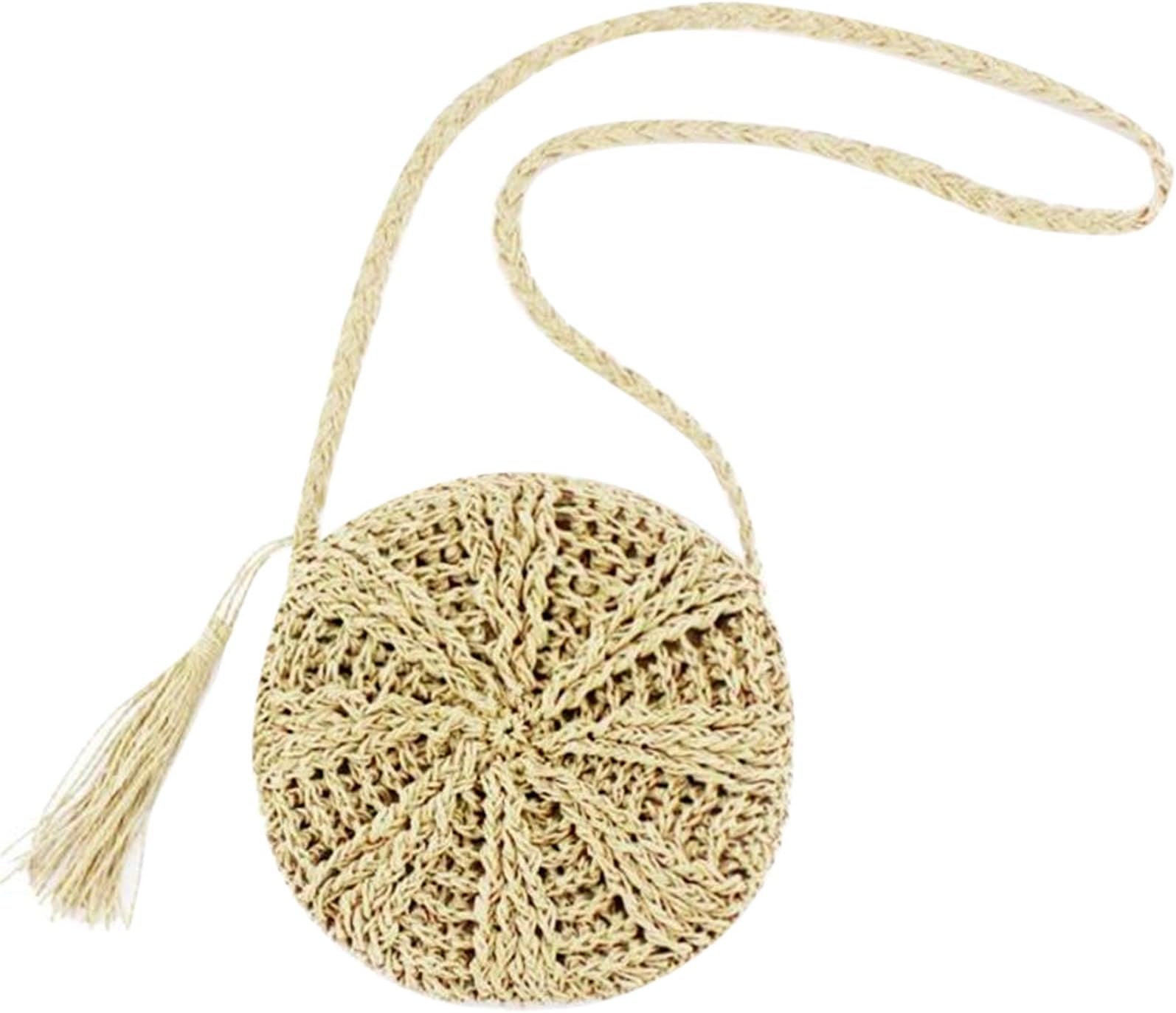 Straw Bag for Women - Round Crossbody Tote with Tassel, Handmade Handle, Zipper Closure, Bohemian Summer Beach Handbag
