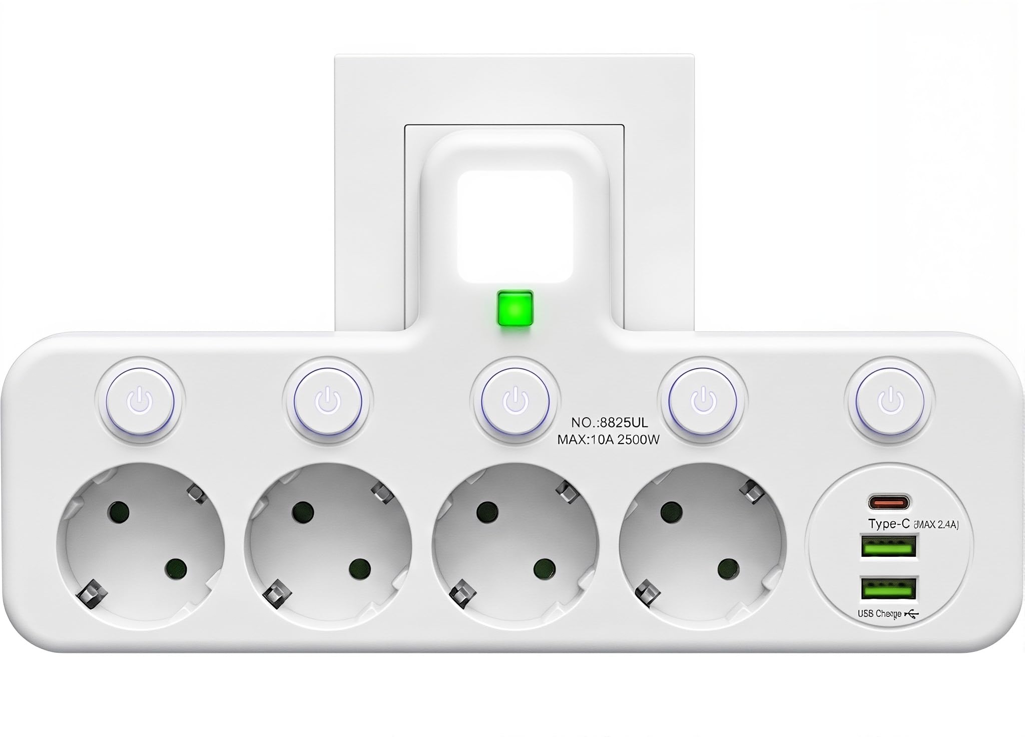 Regleta de Enchufe de Pared con 4 Tomas Europeas, Adaptador con USB C y 2 USB A, Ladrón de Enchufe con Interruptores Independientes para Hogar y Oficina
