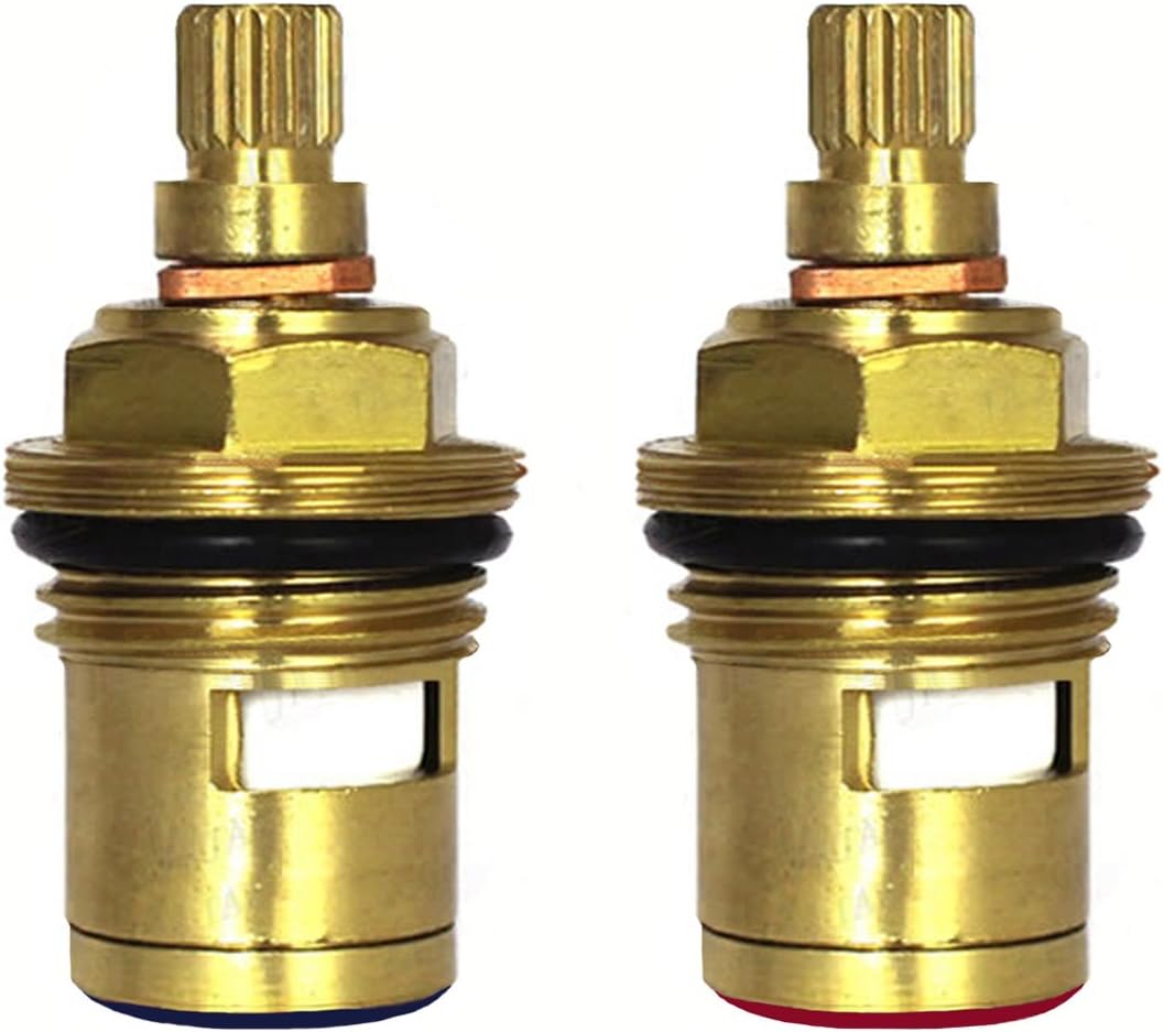 Huashan Pair of Replacement Brass Ceramic Disc Stem Cartridge Faucet Valve Quarter Turn 1/2" X 45mm x8mm spline length 20 teeth Hot and Cold