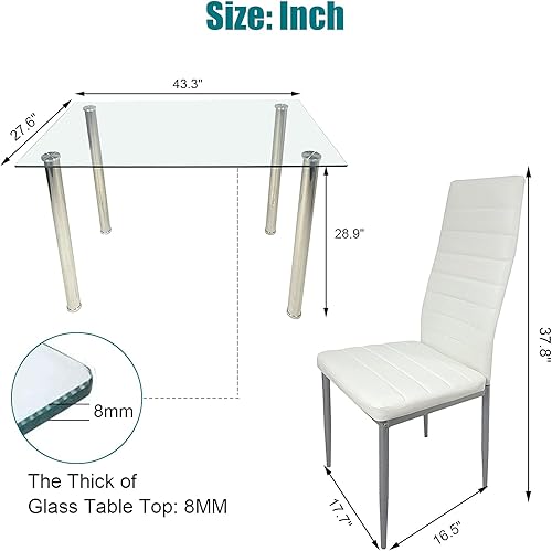 Miniatura 8 de Juego de mesa de comedor de 5 piezas, mesa superior rectangular de vidrio templado de 43 pulgadas, 4 sillas de cuero con respaldo alto, juego de