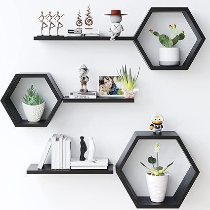 EXPRESSOW ENTERPRISES Wooden Floating Shelves Wall Mounted - Set of 6 Hexagon Shelves Display for Photos,Plants,Rustic Honeycomb Shelves for Living Room, Bedroom,Bathroom, Kitchen, Office (White)