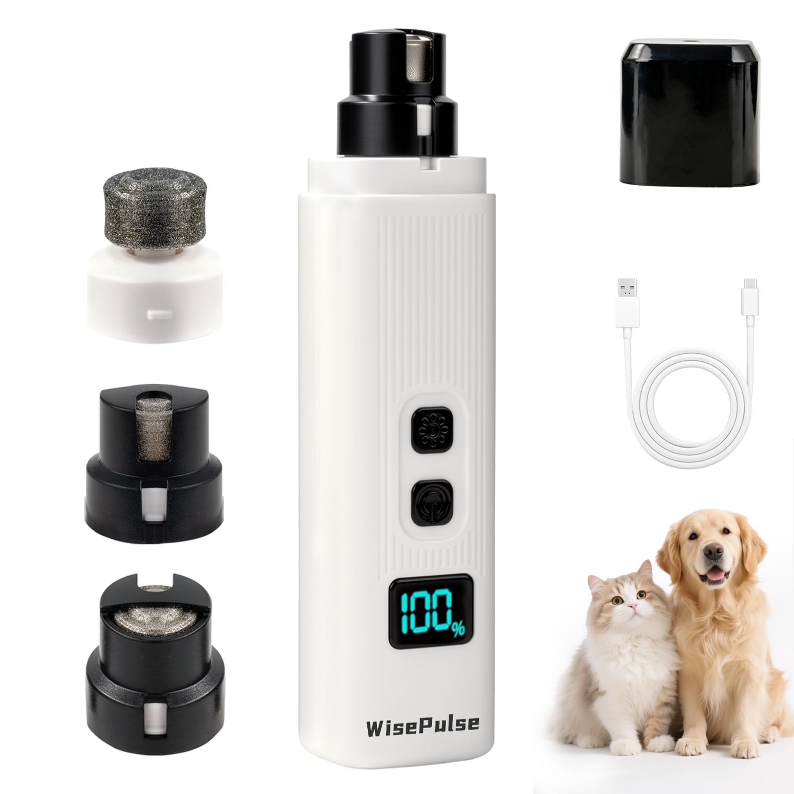 WisePulse Dog Nail Grinder Quiet & Safe: 2-Speed Electric Grinder with 2 LED Lights & 2 Grinding Heads, Low Vibration & Silent Rechargeable Trimmer for Large Small Medium Dogs & Cats(White)