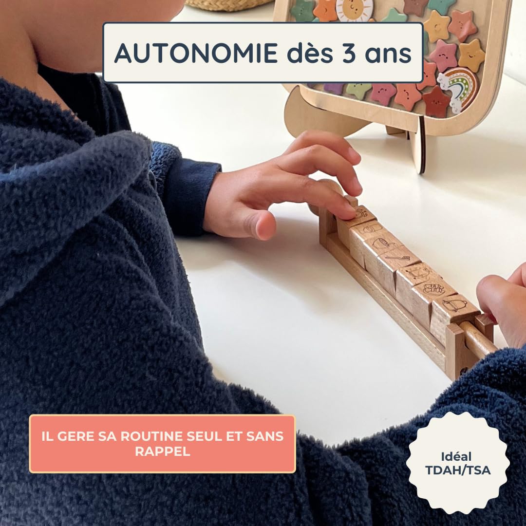Cubes Routine Enfant Matin & Soir, Tableau Visuel 22 Cubes Pivotants en Bois, Autonomie TDAH/TSA
