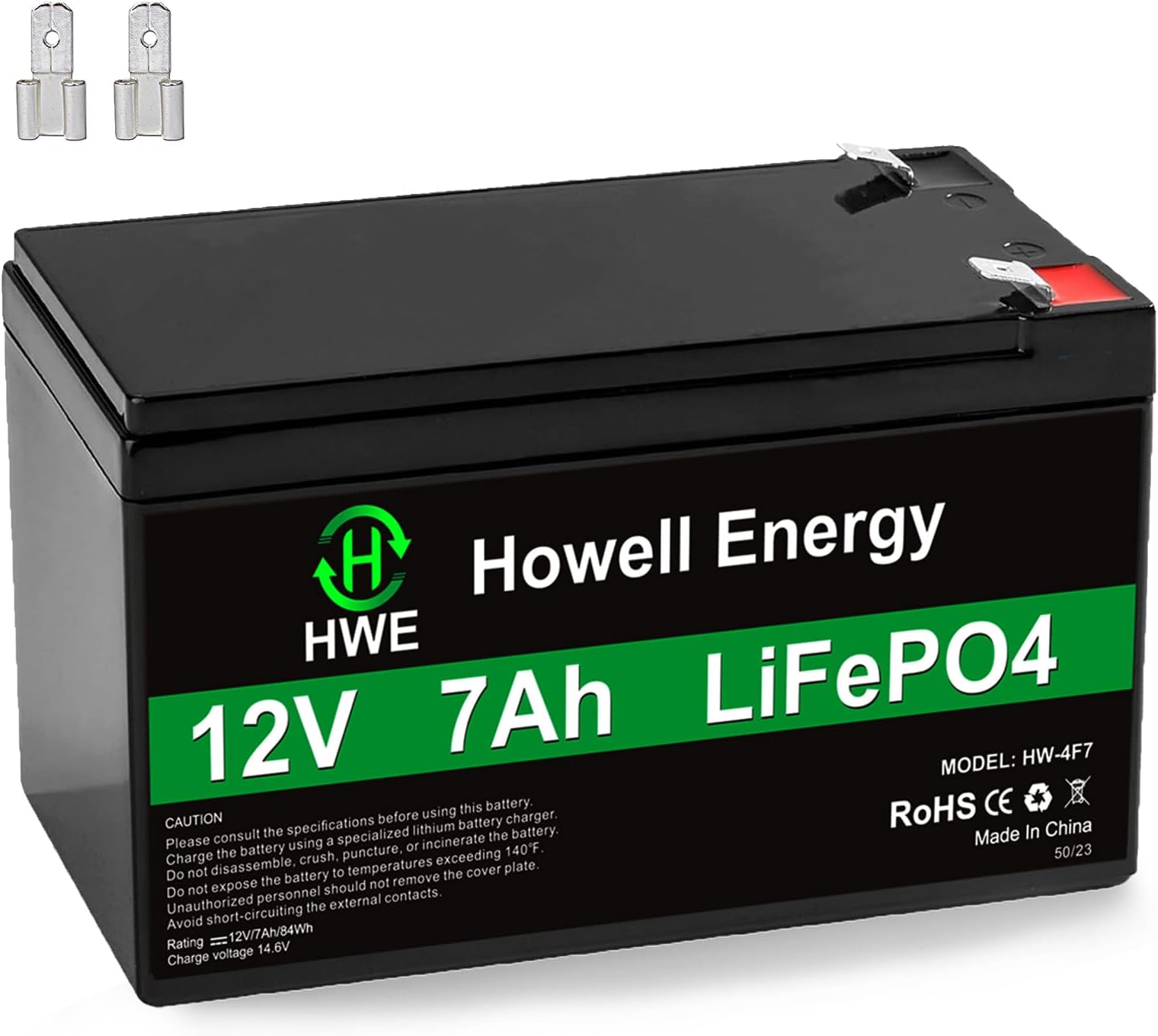 HWE 12V 7Ah Rechargeable Battery, 4000 Deep Cycle Lithium LiFePo4 12 Volt 7 amp Replacement for 6FM7 1270 SLA Battery, Alarm System, UPS, Lighting, Solar, Ride on Toys, 15A BMS, F1 & F2 Terminal
