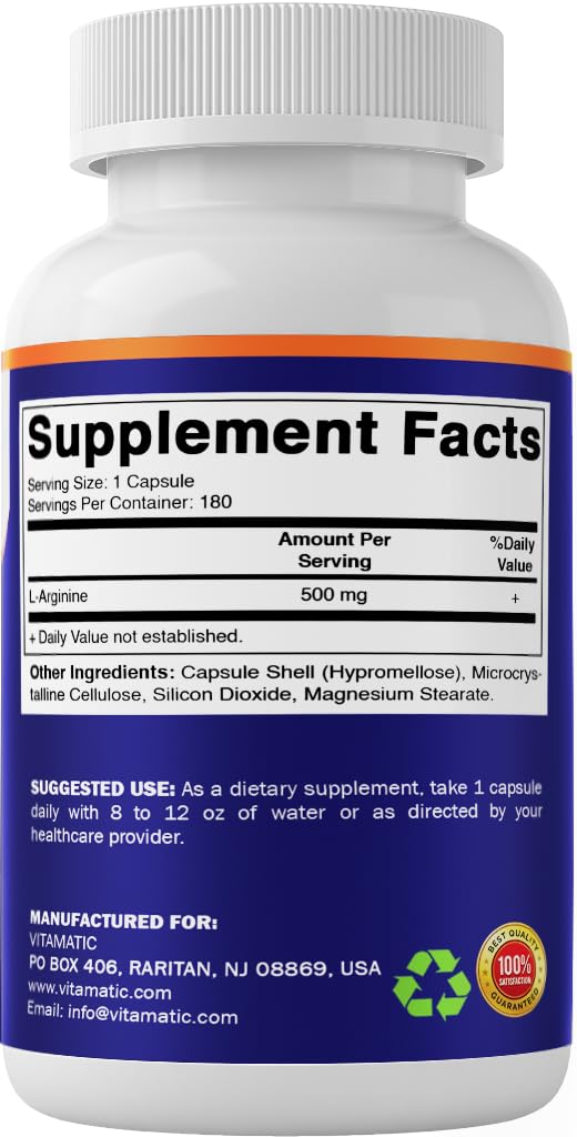 Vitamatic L-Arginine 500 mg, 180 Vegetable Capsules, Made in USA — Amazon image 8