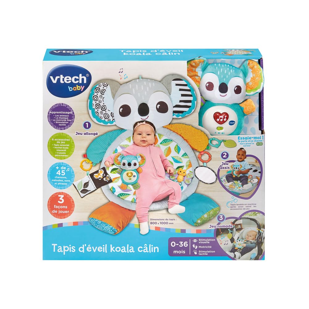 VTech - Tapis d’Éveil Koala Câlin, Tapis d'Éveil Bébé Sensoriel et Évolutif, Jouet d'Activité et de Développement, Hochets et Anneau de Dentition, Cadeau de Naissance Bébé - Contenu en Français