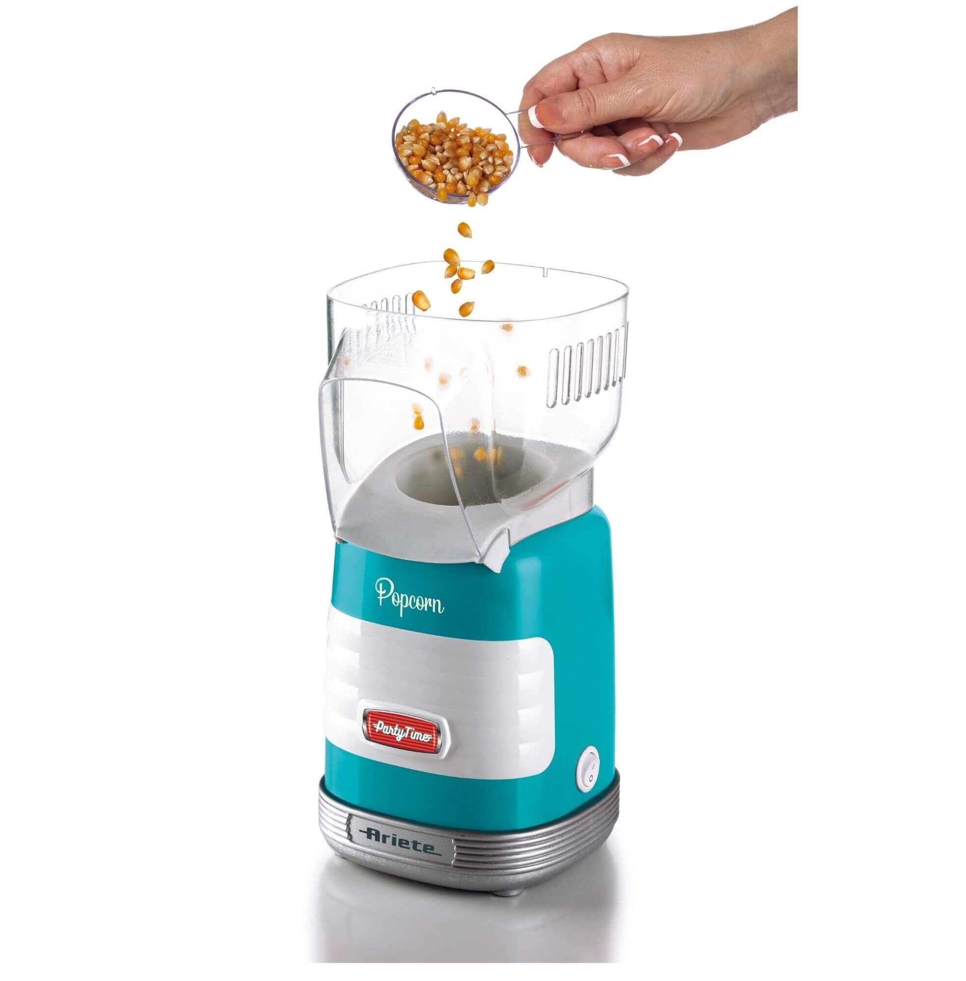 Ariete 2956/01 Máquina de Palomitas Party Time Popper, 1000 W, Compacta, Cocción con Aire Caliente, sin Grasas ni Condimientos, Azul Blanco