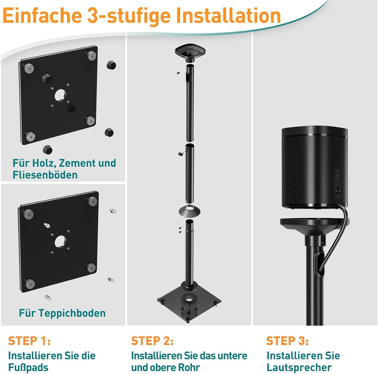 ELIVED Lautsprecherständer für Era 100 und Sonos One, One SL, Play: 1, Höhenverstellbar 88,8 cm-110,3 cm, Boxenständer Lautsprecher Ständer, 1 Paar, EV5024