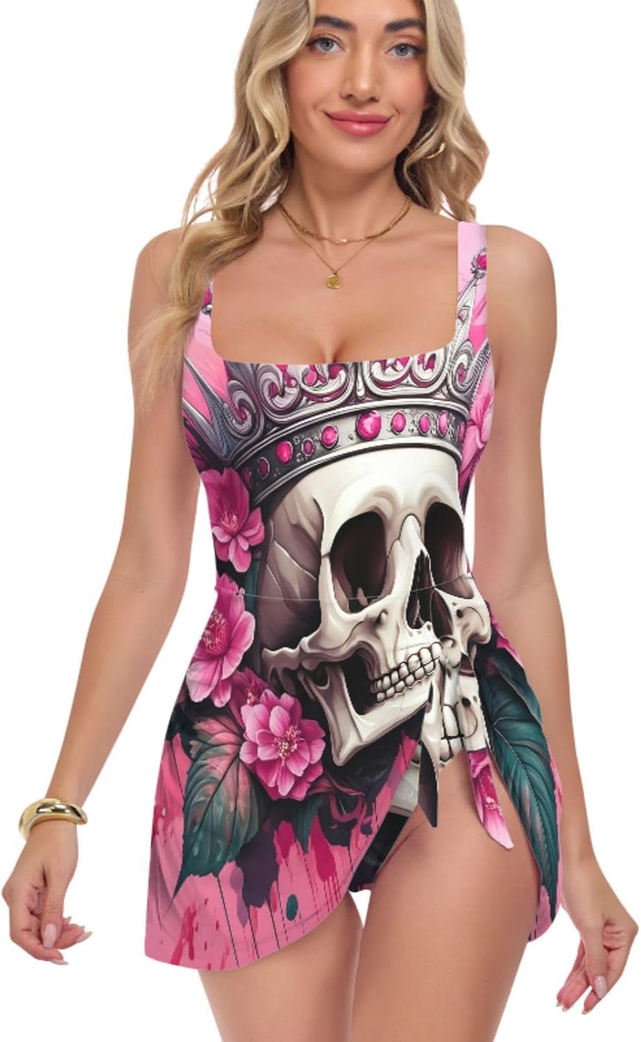 Skull Flowers Floral Pink Women's One Piece Swimsuits Tummy Control Bathing Suits S 2301677