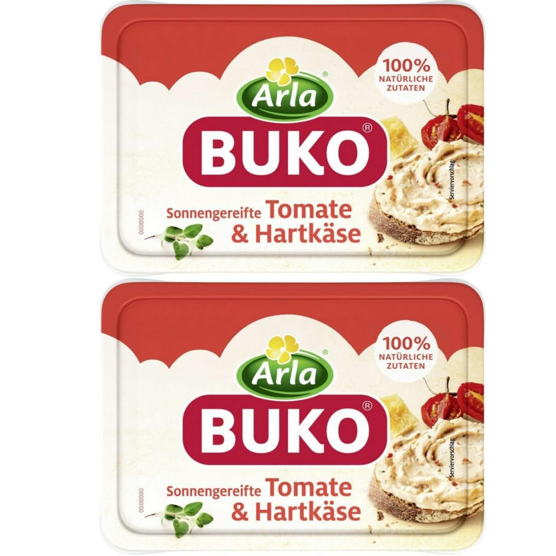 Arla Buko Frischkäse sonnengereifte Tomate & Hartkäse Köstlicher Frischkäse 200 gramm x 2 STÜCK [Frischegarantie] mit Pufai Grocery Überraschungsgeschenk