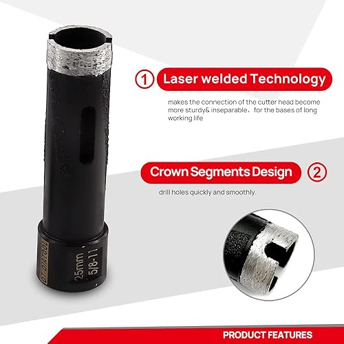 Miniatura 3 de DT-DIATOOL Broca de núcleo de diamante de 1 pulgada - Sierra de agujero soldada de 0.984 in con eje 5/8-11 para piedra dura de mármol de granito