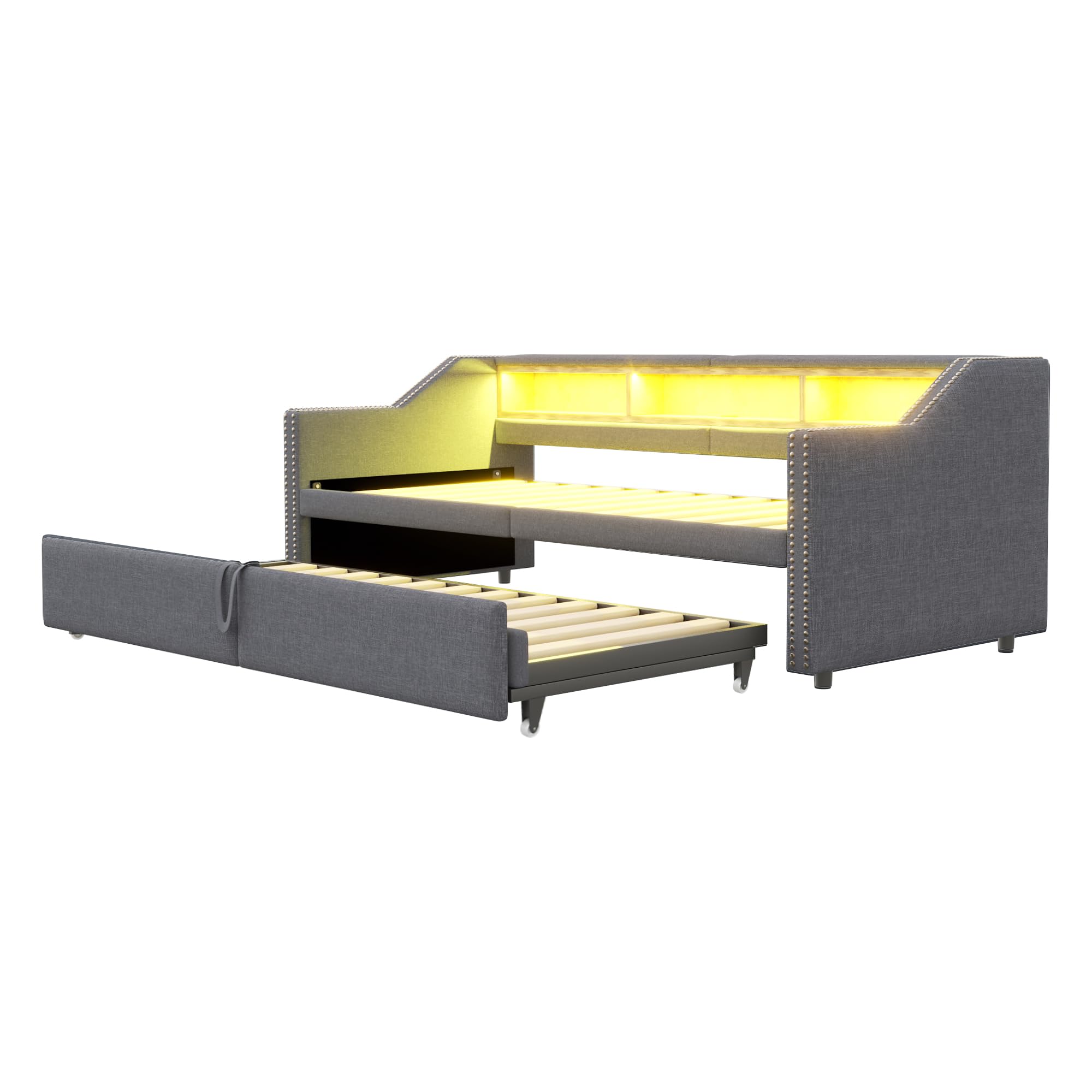 Polsterbett Ausziehbares Bett 90/180x200, Tagesbett Schlafsofa mit LED Licht&USB-Buchse&Staufach, Einzelbett Doppelbett Funktionsbett Bettgestell mit Lattenrost, Leinen, Ohne Matratze, Dunkelgrau
