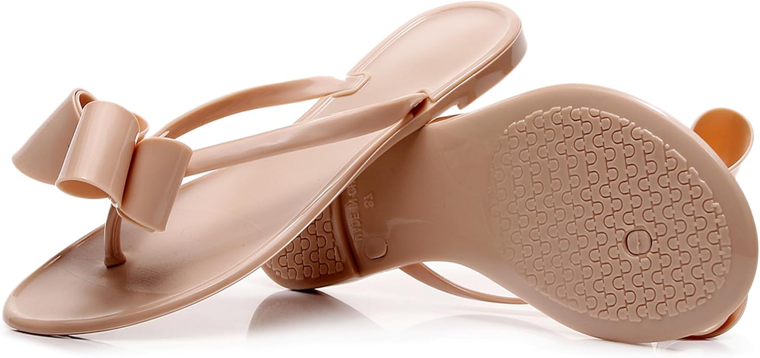 Womens Flip Flops Bow Sandals Jelly Shoes Thong Flats Cute Ladies Beige Slides Waterproof Slip On Summer Beach Dressy Slippers for Walking - Image 3