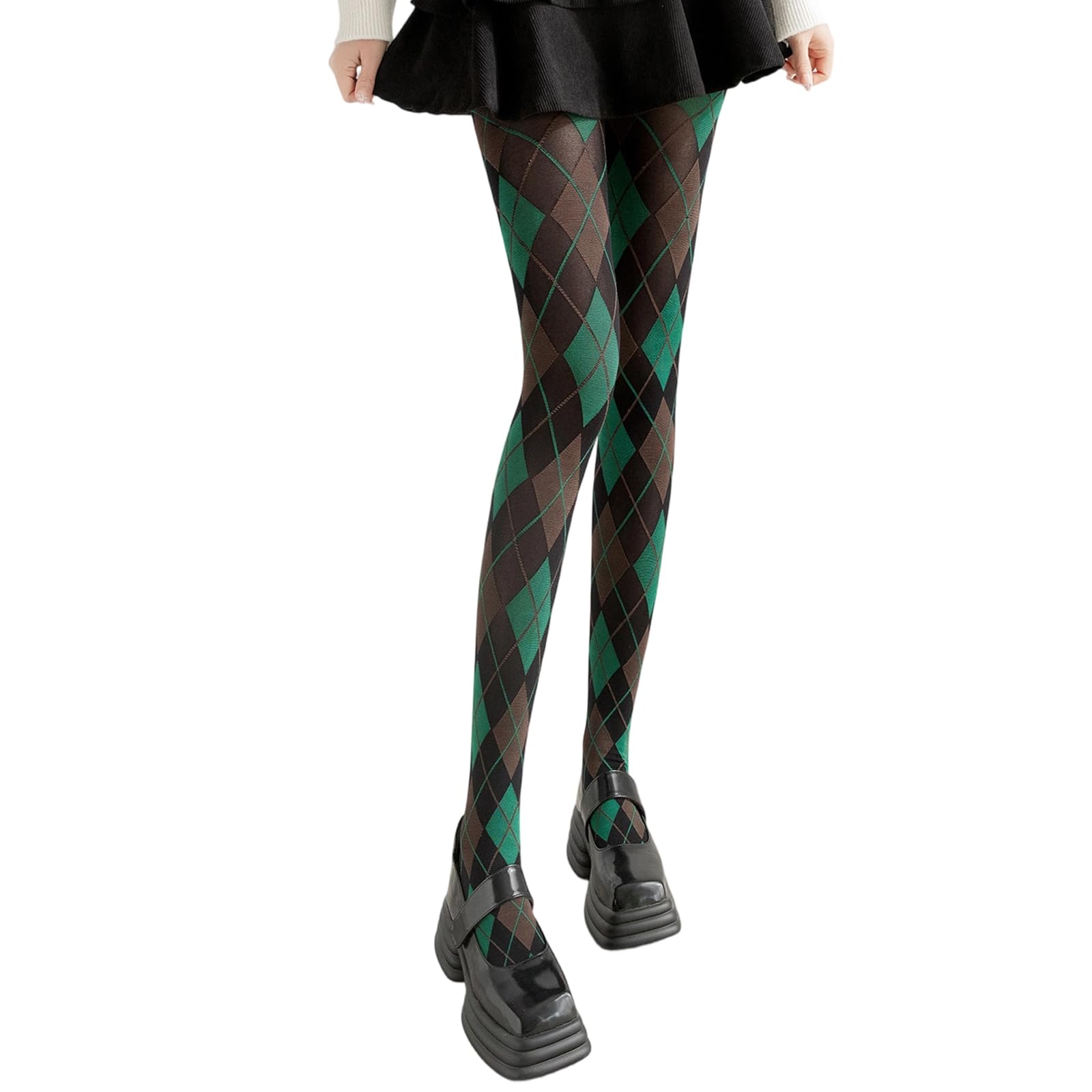 alloneslife Argyle Plaids Pattern Tights for Women Preppy Styles Stretch Comfort Opaque Pantyhose Everyday Wear Nylon Leggings(retro green)