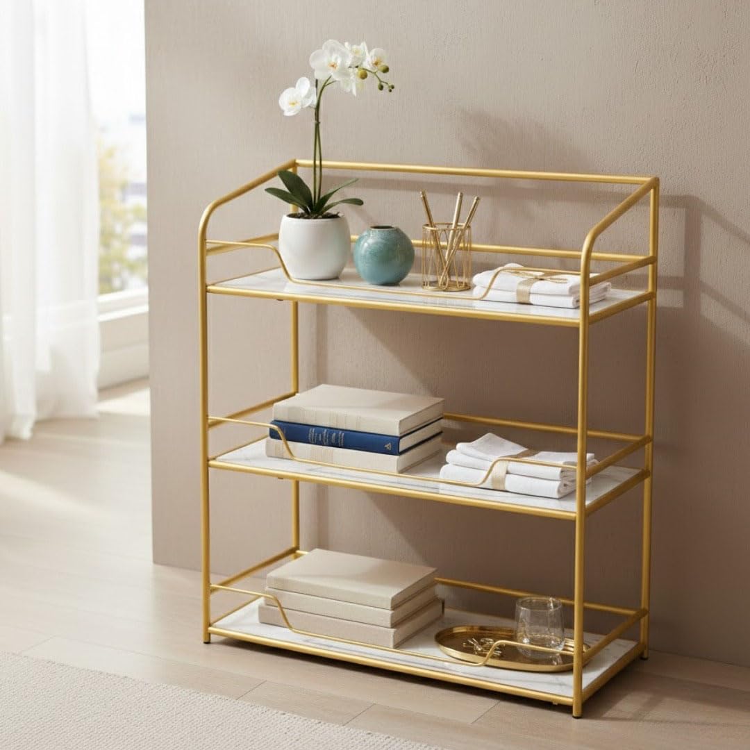 Modern Metal Console Table with Marble Finish Shelves – 3 Tier Entryway Table, Sofa Side Accent Table for Living Room, Hallway & Bedroom Storage Organizer Gold White-picture-25