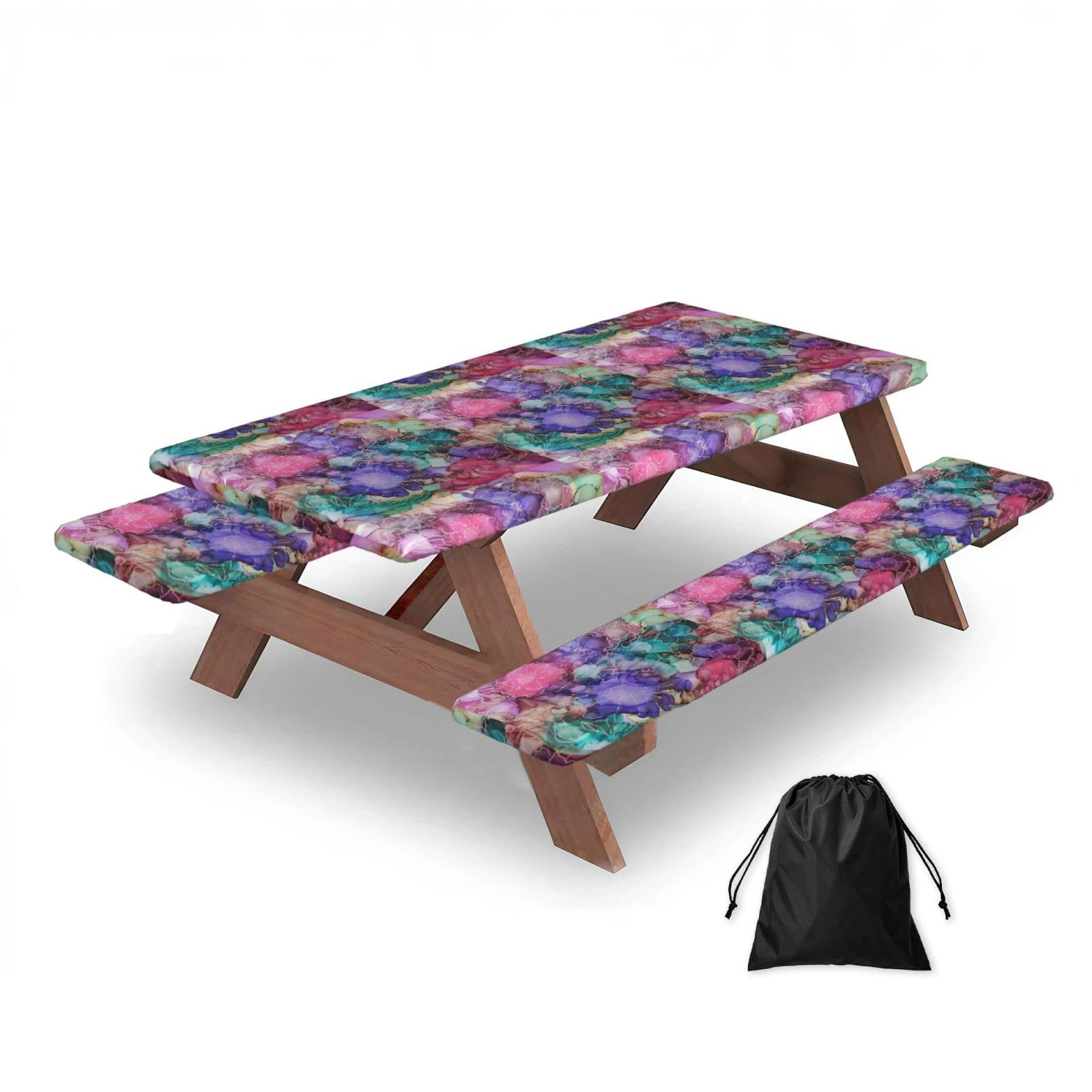Dopklna As Picture Tie Dye Flowers, Picnic Table Cover With Bench Covers -Waterproof Elastic Fitted Tablecloth For Garden Camping Patio 76X152cm