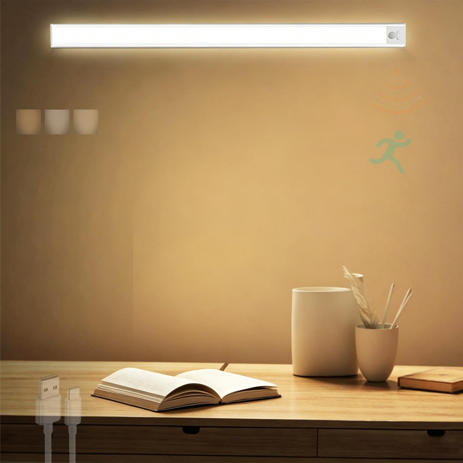 LED Akku Wandleuchten mit Bewegungsmelder Modern Wandbeleuchtung Drei Farbtemperaturen Dimmbare Unterbauleuchte Magnetische Wandleuchte für Wohnzimmer Schlafzimmer Küche (Silber,60cm)