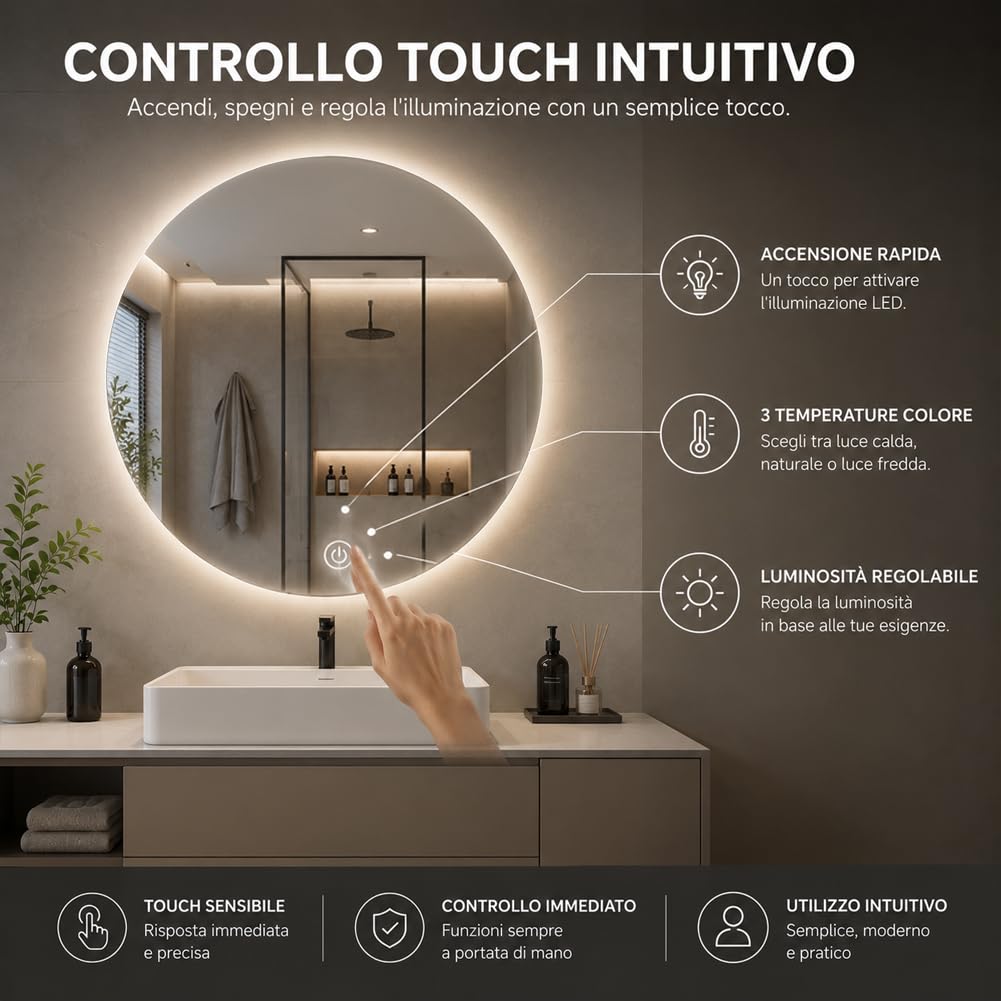Shally Dogan Specchio Rotondo da Parete con Led Dimmerabile a 3 Colori, Bianco Freddo, Caldo e Naturale, Accensione con Touch, Decorazione da Muro Design Moderno e Salvaspazio, Diametro 60 cm