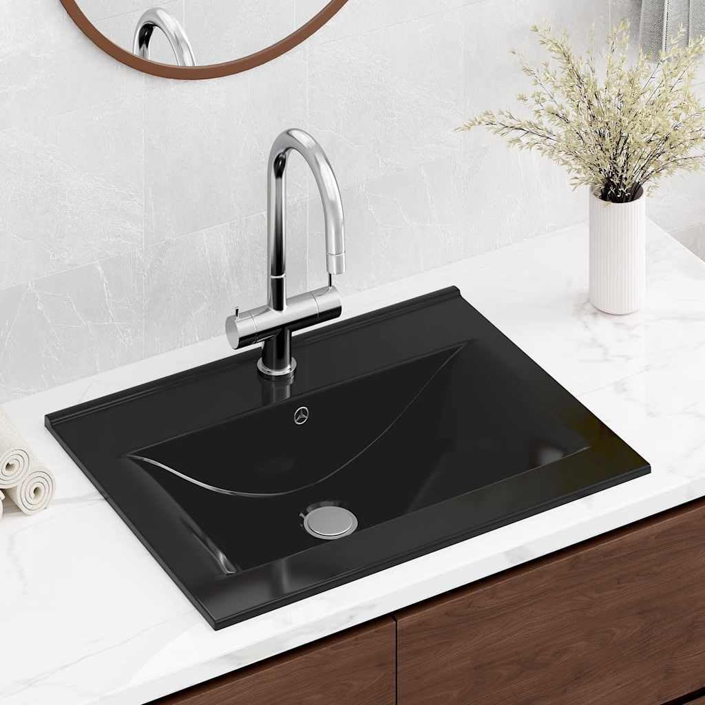 Lavabo di lusso in ceramica, rettangolare, nero, 60 x 46 cm, con foro per rubinetto, da incasso e sospeso, per bagno, WC degli ospiti, ristrutturazione e ristrutturazione