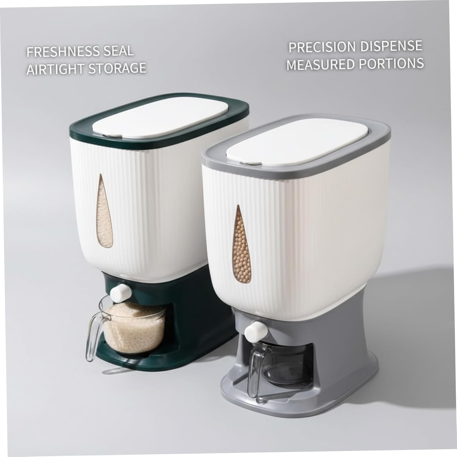 Rice Storage Container - 22lb Airtight Rice Holder with One-Touch Design Cereal Dispenser with Measuring Cup and View Window for Dry Food Grey Holder, Storage, Container, R