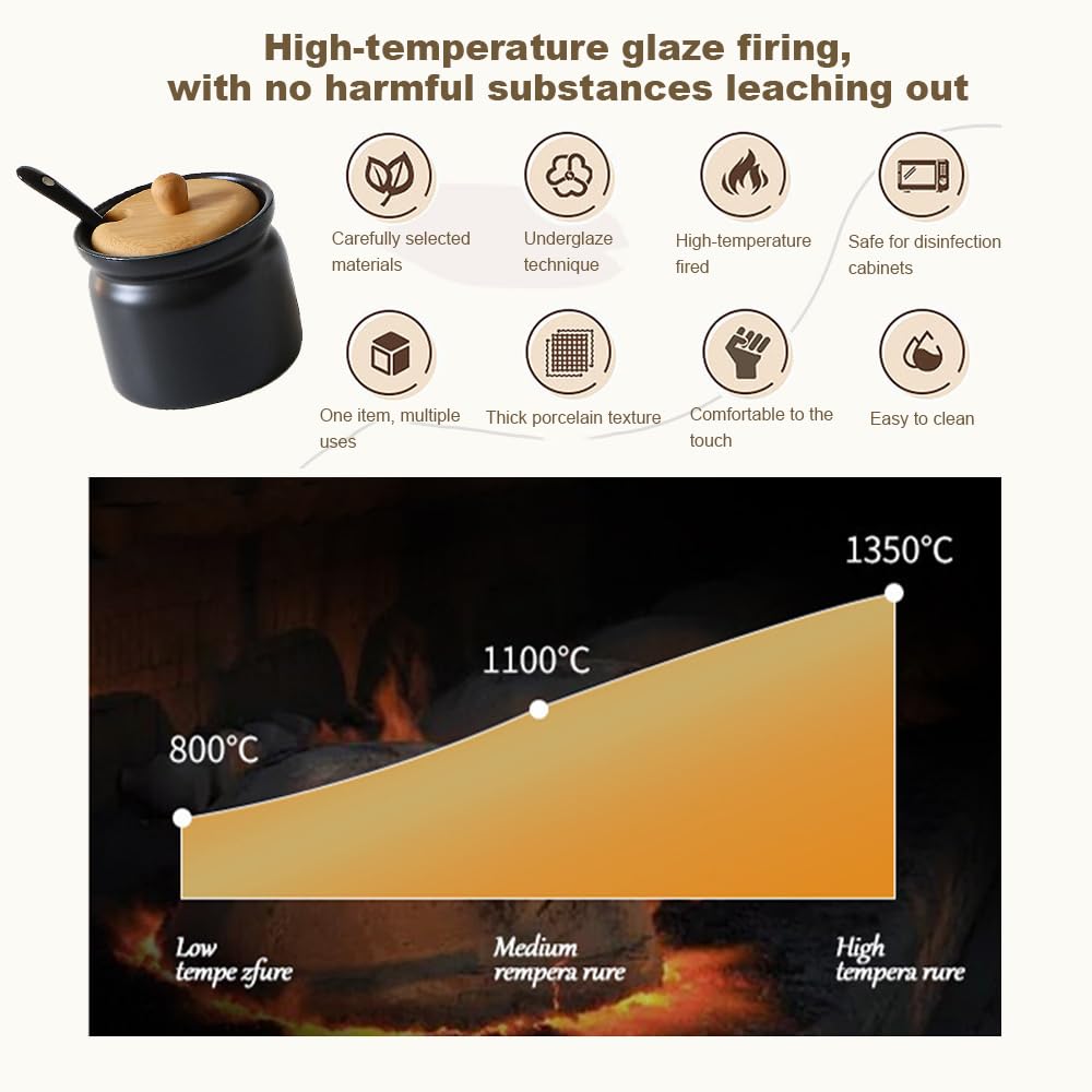 Keramik Zuckerdose Schwarz Bambusdeckel mit Löffel 180 ml 6.8 x 8cm | Luftdichte Keramik Zuckerdose mit Bambusdeckel & Löffel, platzsparend, für Zucker Salz Gewürze Küche