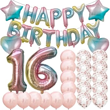 Sweet 16th Birthday Decorations Party Supplies,Rainbow Number 16 Balloons,16th Foil Mylar Balloons Rose Gold Latex Balloon Decoration,Great 16th Birthday for Women,Men