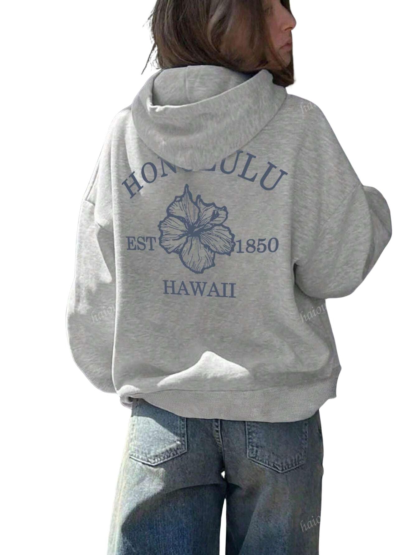 sxv style Honolulu Hawaii Est 1850 Classic Grey Pullover Hoodie with Hibiscus Flower Print, Casual Beach Style Sweatshirt-picture-24