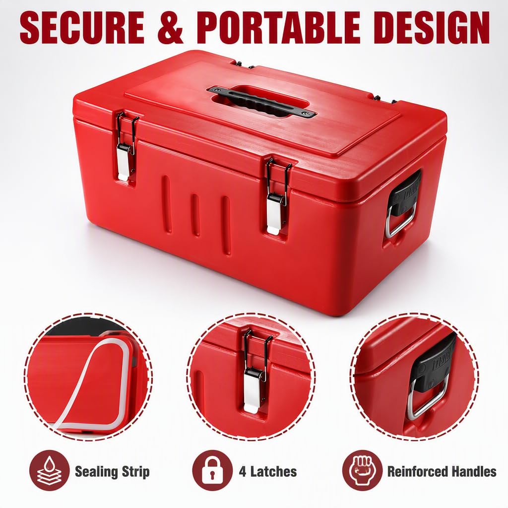 Contenedor comercial para alimentos fríos y calientes de 27 cuartos de galón, 3 recipientes y tapas de acero inoxidable, caja de transporte portátil para catering. (4Grid)
