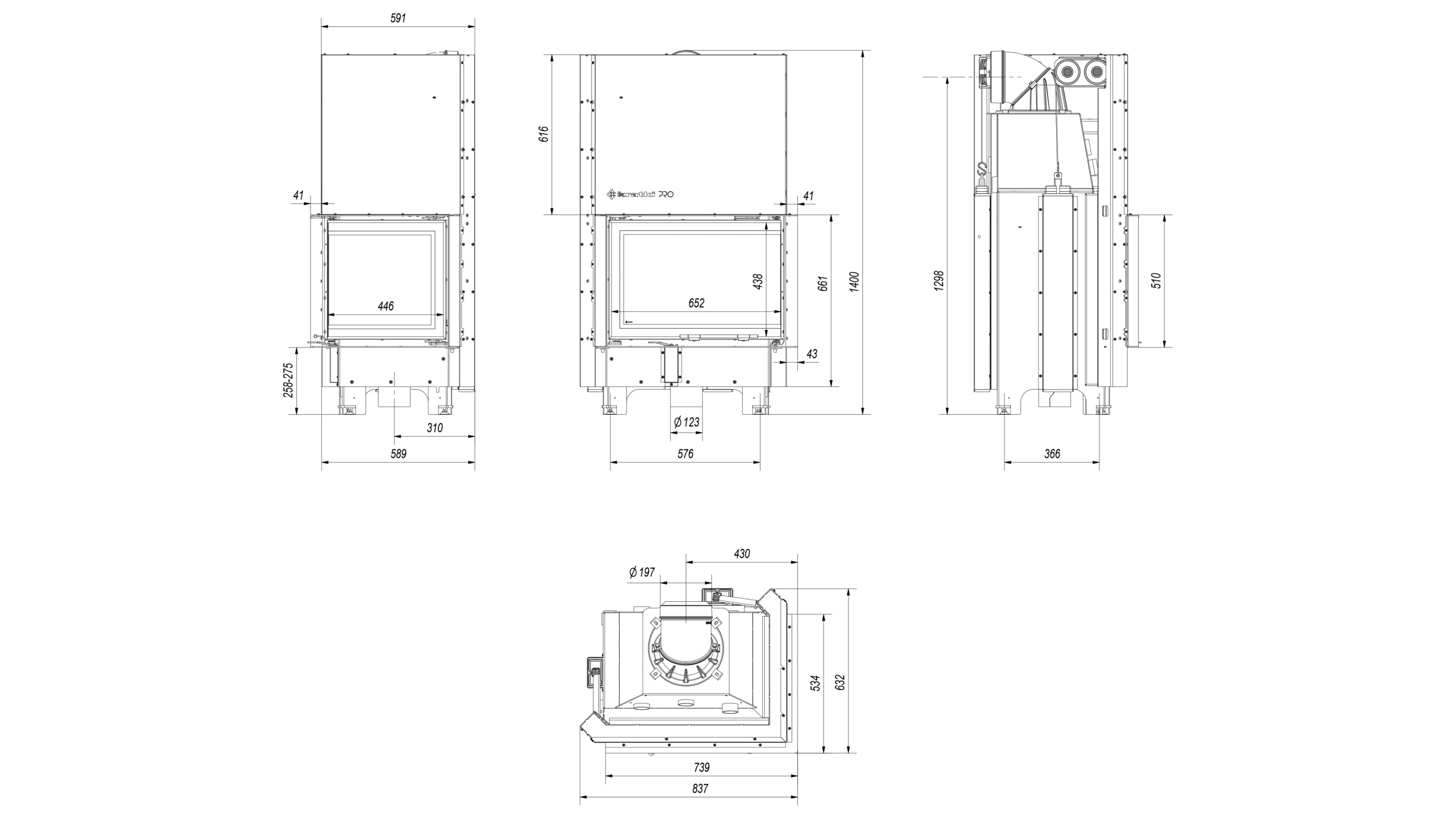 KRATKI Inserto per camino in acciaio a legna MBZ 13 kW Ø200 destro A+ 81 | Acciaio nero, efficienza 81%, classe A+. Ecodesign, BImSchV 2, Kratki PRO; per recupero calore.; combustione efficiente