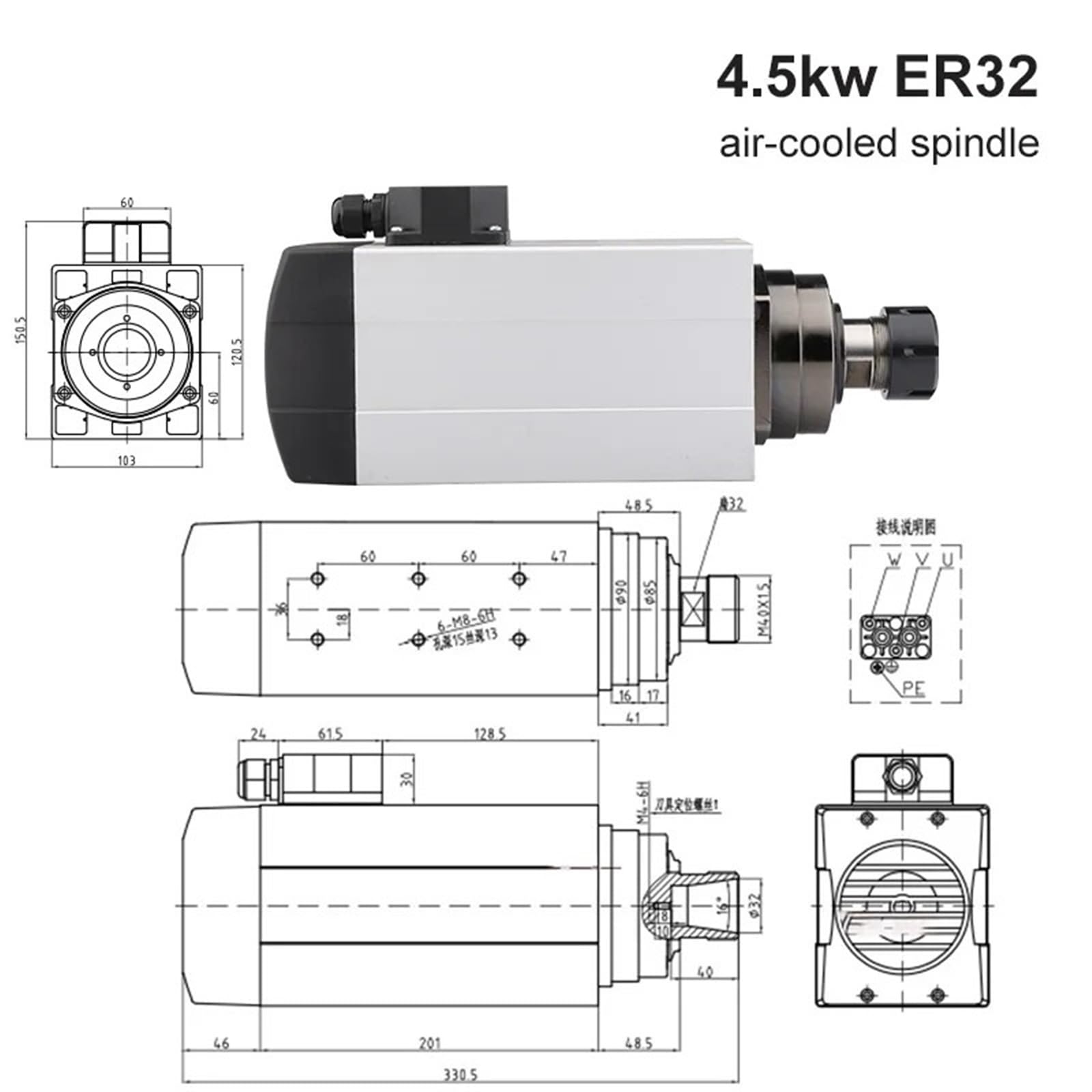 Spindle motor 4.5kw Square Air-Cooled Milling Spindle + Fuling 5.5KW Frequency Converter + ER32 Chuck Kit For Wood Carving(DC380V)