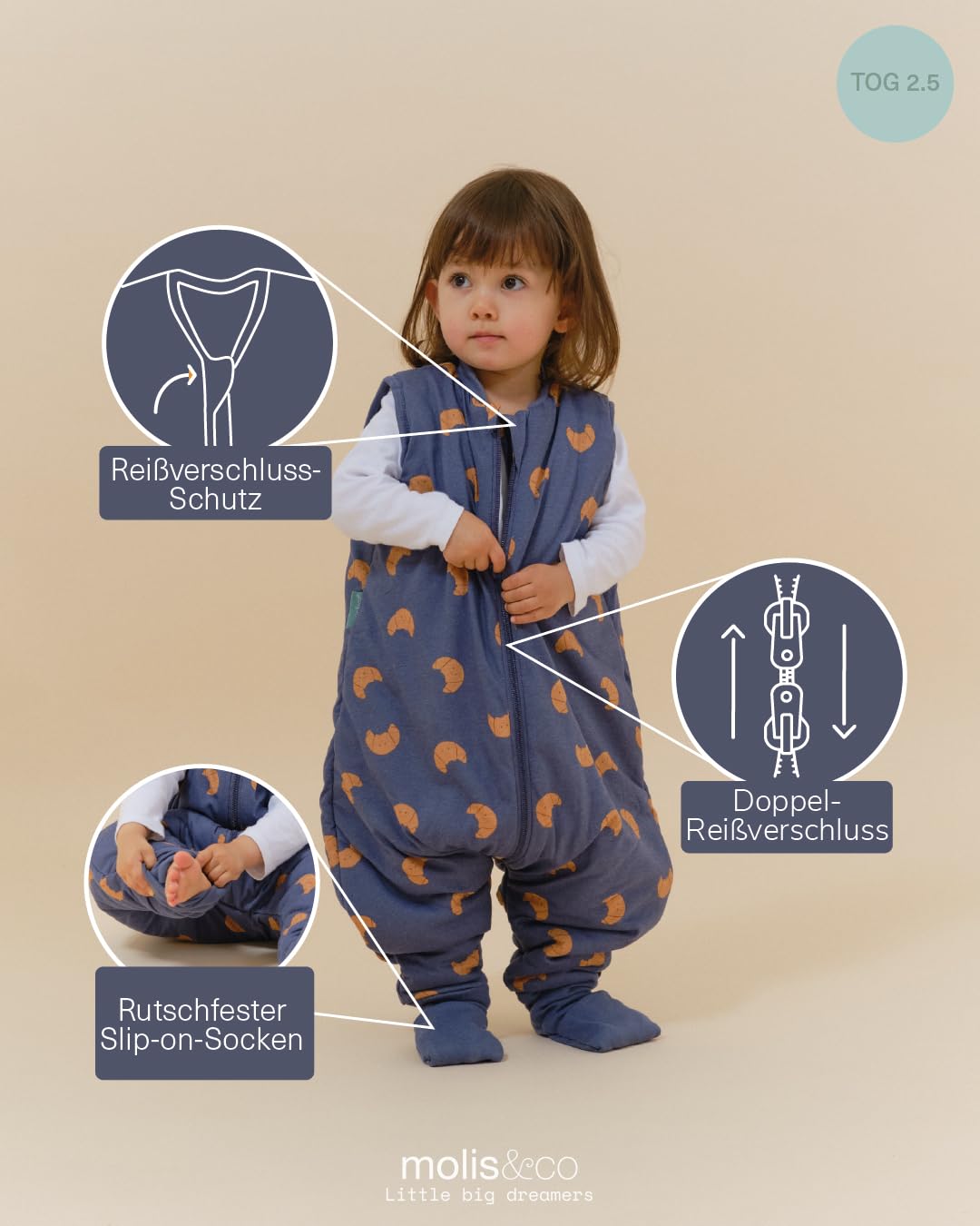 molis&co - Baby Schlafsack mit Füßen und Socke - Ideal für den Winter - Babyschlafsack mit Beinen 2,5 tog