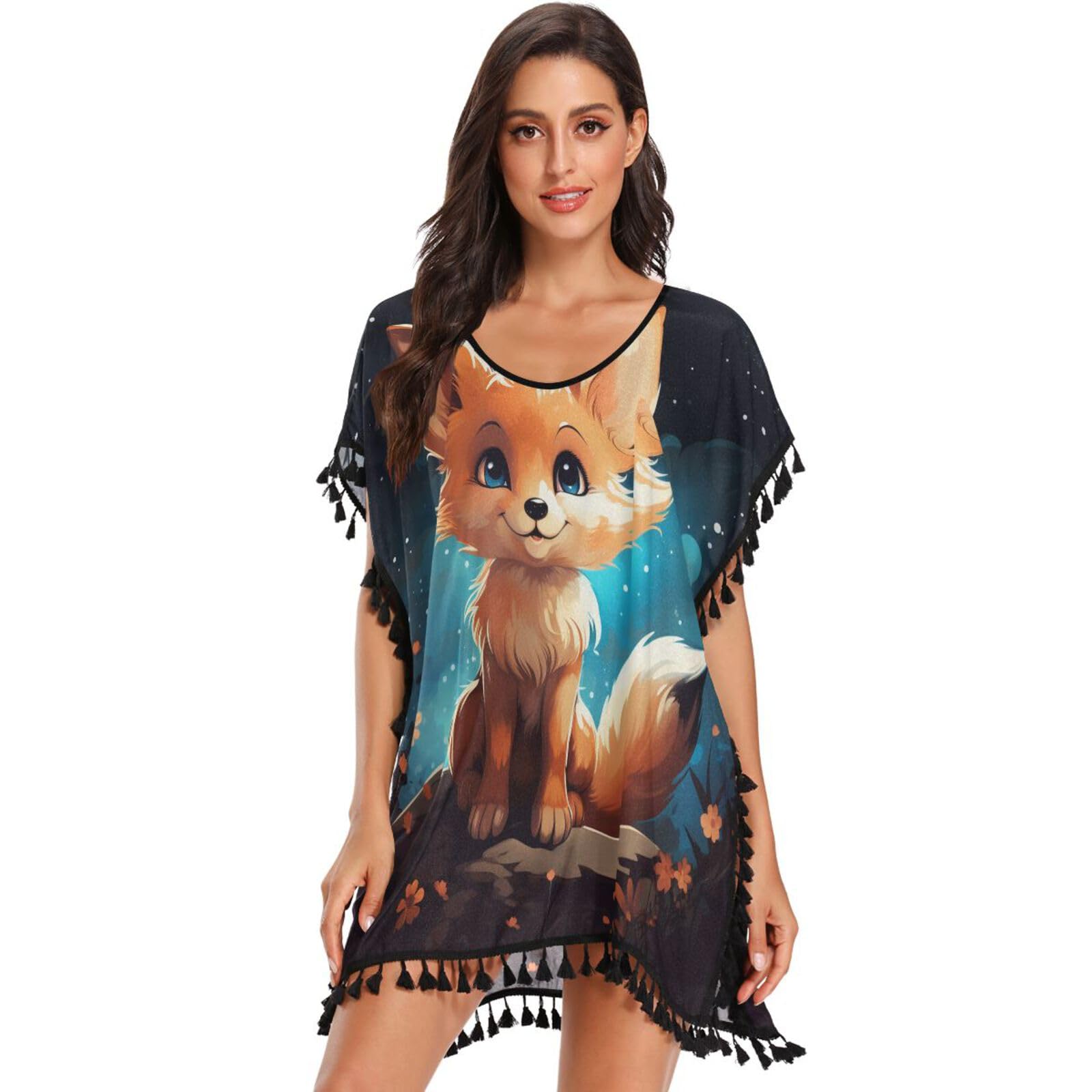 Cute Cartoon Pattern Fox Women's Beach Cover Up Chiffon Tassel Swimwear Swimsuit Coverups for Girl