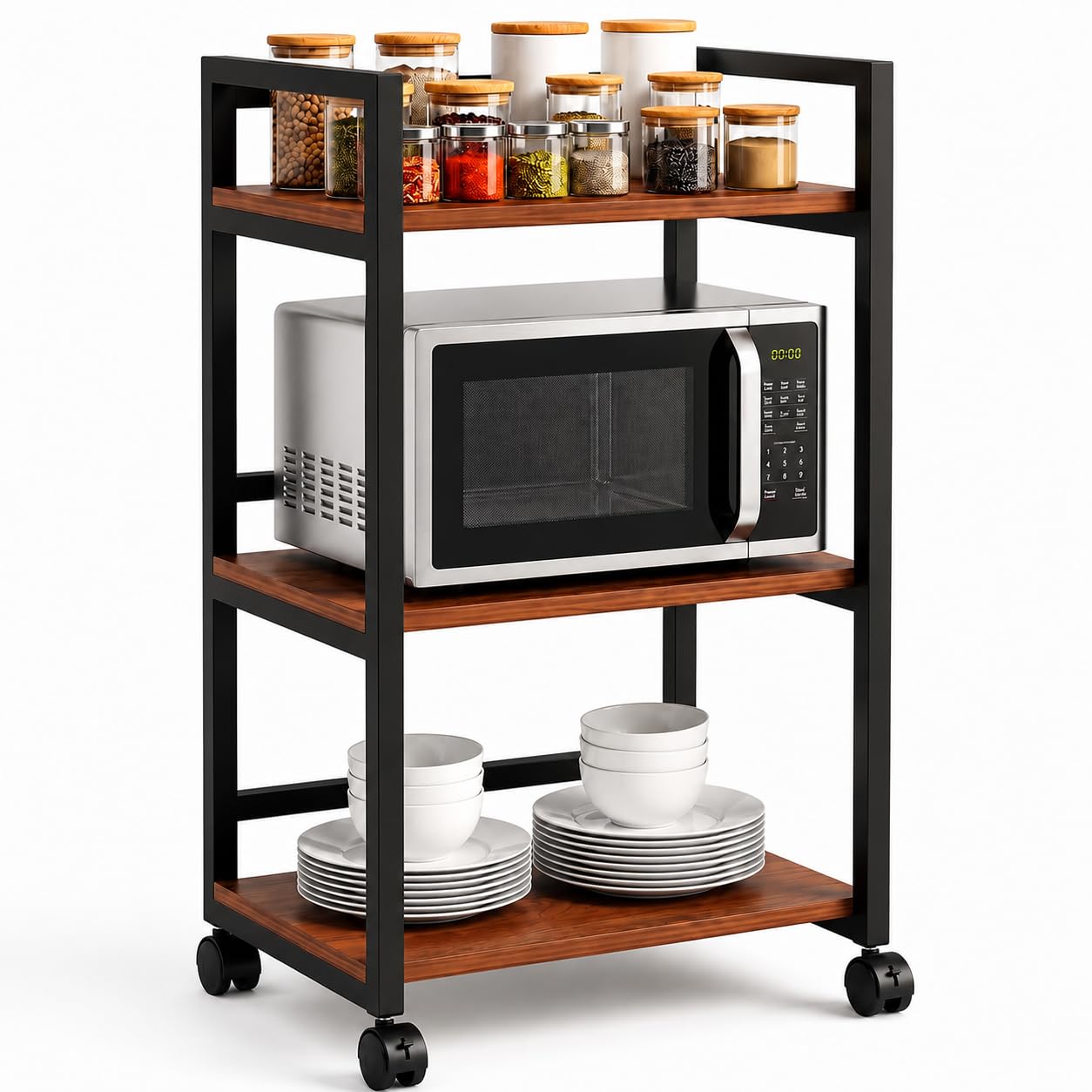 3-Shelf Microwave Stand with Wheel, Kitchen Rack Oven Rack 3-Tier Counter Shelf, Space Saving Organizer, 3 Layers Counter Top Organizer for Printers on Desk, Medical Storage Trolley (Wooden)-image-9